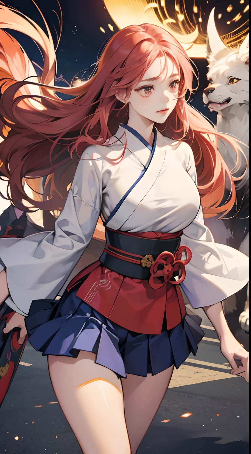 James Jean, Alphonse mucha, Japanese anime, Miniskirt high school girl walking with Cerberus in Tokyo at night, city scene, hyper detailed high resolution high definition high quality masterpiece, very very huge tits, large ass, almost exposed, short small yukata like clothes, close up, shy embarrassed, perfect voluminous full body, Cerberus protecting girl