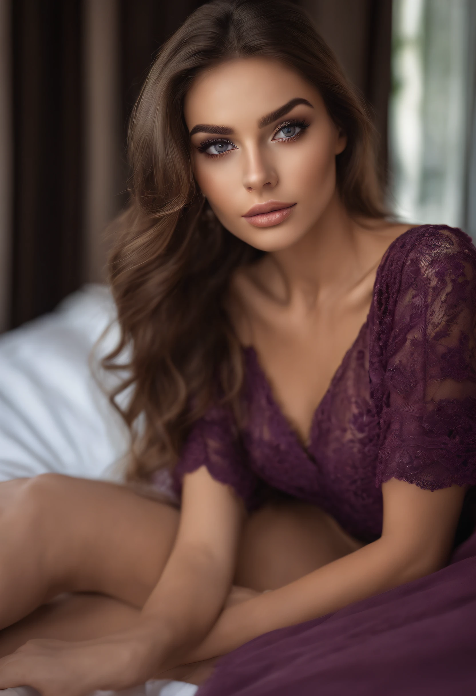 Arafed woman completely , fille sexy aux yeux bruns, ultra realist, Meticulously detailed, Portrait Sophie Mudd, cheveux bruns et grands yeux, selfie of a young woman, Dubai Eyes, Violet Myers, sans maquillage, maquillage naturel, looking straight at camera, Visage avec Artgram, Maquillage subtil, Great photo of the whole body kneeling on the bed, dans la chambre, Medium to large bust