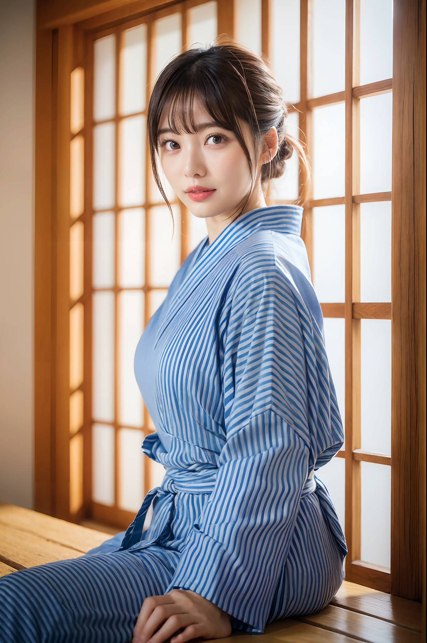 (natta:1.7), East Asian Architecture, 1womanl,Sitting on tatami mats, brunette color hair,(hair between eye), Lip flap, ,Beautiful fingers,Beautiful long legs,Beauty Body,Cute nose,Beautiful character design,perfect eyes,face perfect,looking at viewert,(Innocent_Big_Eyes:1.0),(light_Smile:0.3),offcial art,Very detailed CG Unity 8K wallpaper,Perfect litthing,highly colorful,Bright_front_Face_Lighting,(tmasterpiece:1.0),(best_quality:1.0), 超A high resolution,4K,ultra - detailed, photography of, 8K, nffsw, hight resolution, absurderes:1.2, Kodak Portra 400, film grains, the background is blurred, Bokeh:1.2, Lens Flare Glow, ( Vibrant_Color:1.2) (Beautiful,Large_breasts:1.4), (Beautiful_Face:1.5),(narrow_waist-up),8K,Raw photo, 、Relax at a ryokan in Japan、The background is the open-air bath at night at a hot spring inn (Girls are not subjects:1.3) (Hair after a bath:1.3),(Hair is wet:1.3) ((Girls are not subjects:1.2))((Draw a wide night background:1.2),((Yukata with light blue stripes isolated on white background:1.3)),(Yukata does not need gloss at all:1.5)),((No need for a Korean yukata or Korean-style hairstyle.:1.5)),((Faithfully and realistically reproduce a pure Japan yukata:1.5))((Light Pink Band:1.3)),((The background is the entrance living room、At night, Overlooking the inn's large and beautiful gardens..:1.3)),((Light Pink Band:1.5)) ((Beautiful shiny straight short long:1.5)) sixteen years old、((Beautiful shiny straight short long:1.5))