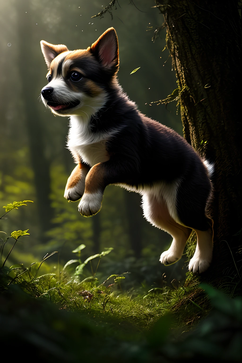 close up photo of a very cute jumping puppy in the forest, look at a camera, soft volumetric lights, (backlit:1.3), (cinematic:1.2), intricate details, (ArtStation:1.3), Rutkowski