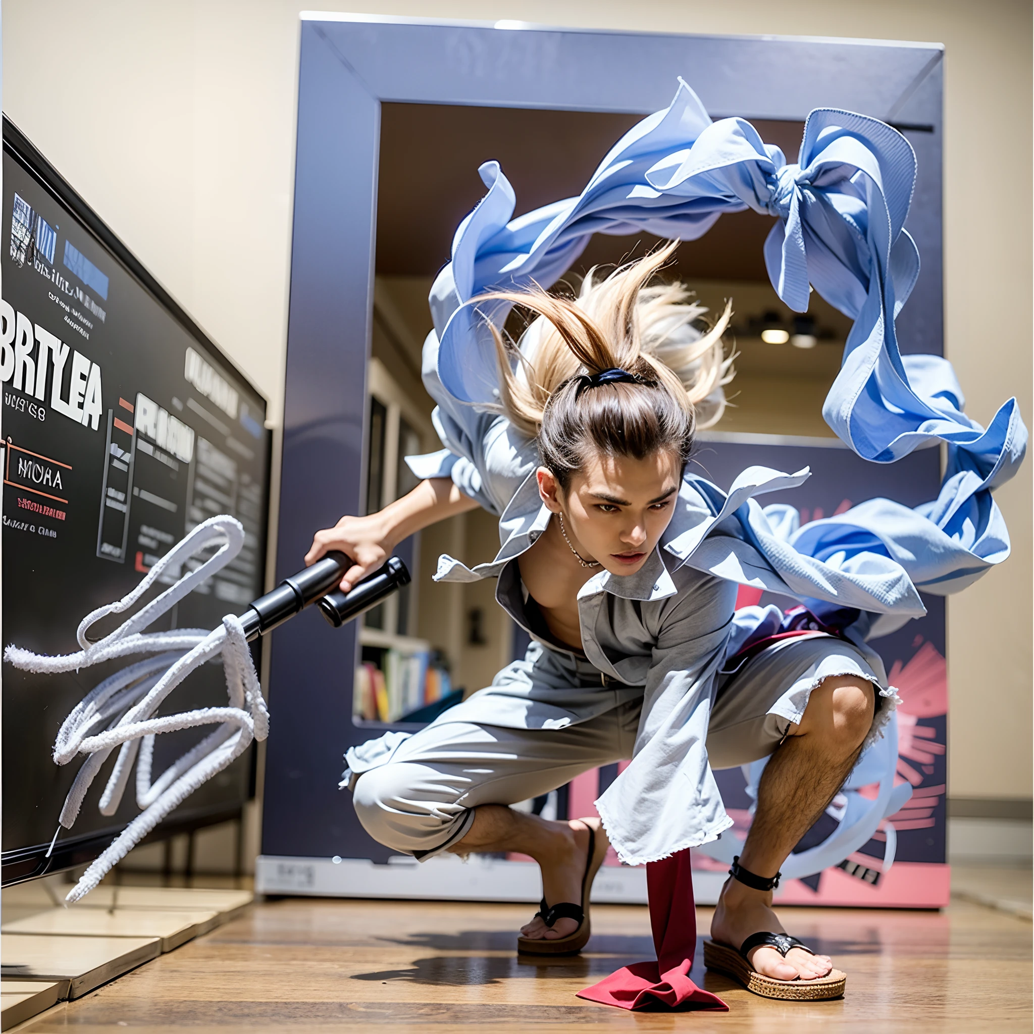 personagem masculino, cabelos brancos, camisa branca aberta, cicatrizno peito, white pant, faixa roxa cintura, Red left hand. chinelo, smoke-shaped clouds around the body