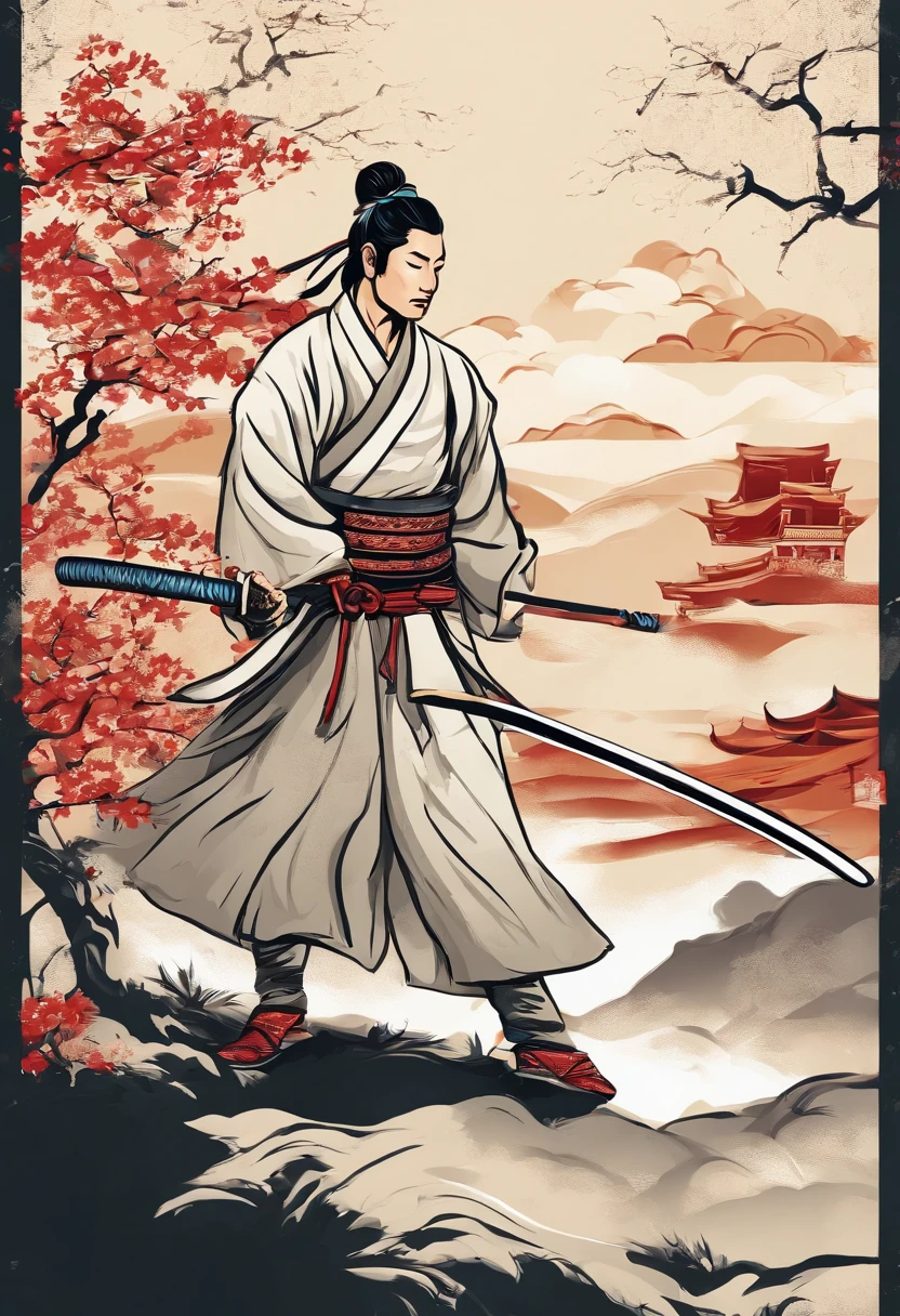 Japanese swordman, with male,  vector t-shirt printing, estilo de adesivo detalhado, desenho de cor estilo tatuagem, fundo branco, nevoeiro, Chinese Standard Clouds. Traditional Chinese art with ink, parchment