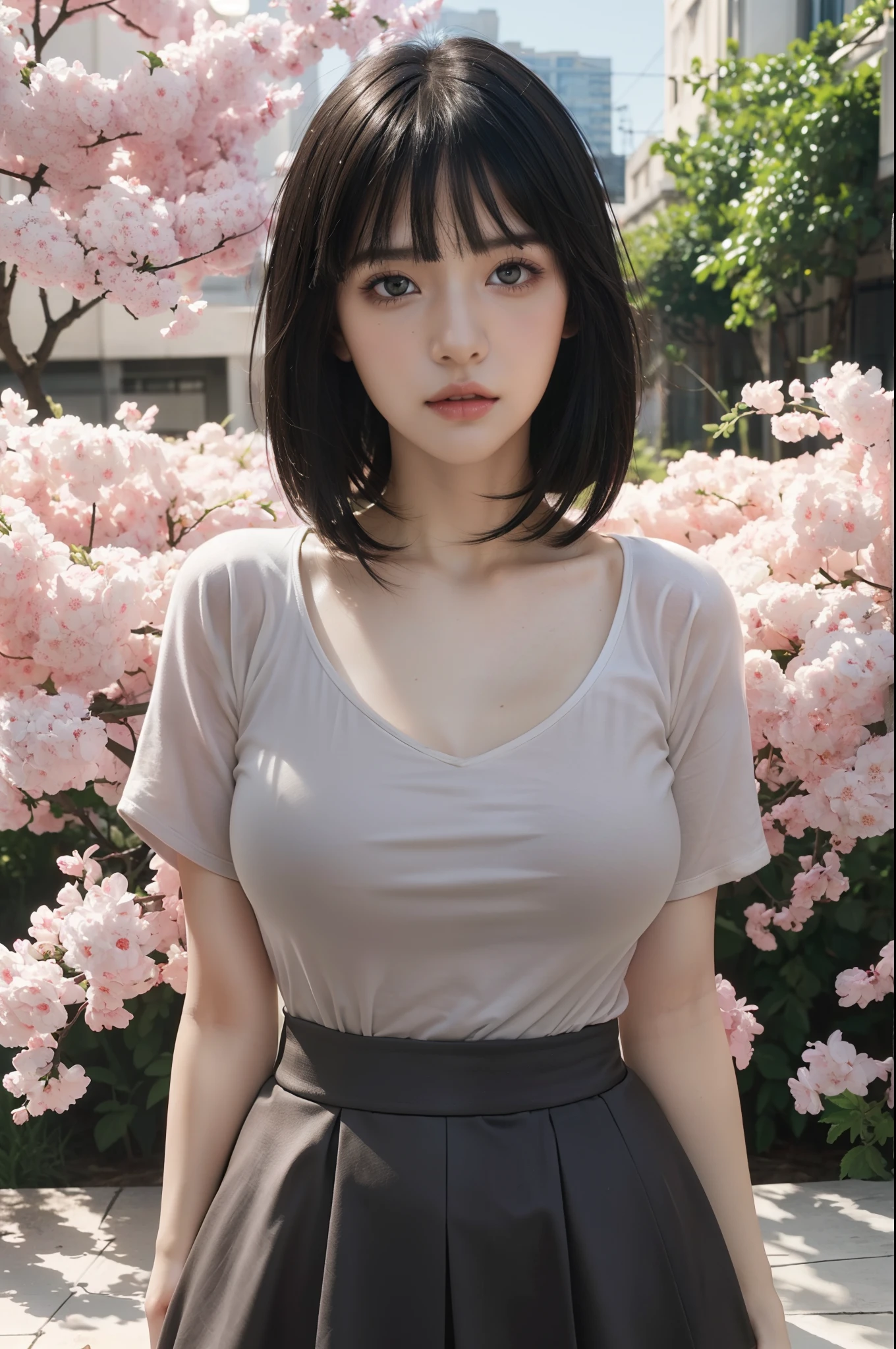 best quality, masterpiece, (photorealistic:1.4), 1girl, raw, ultra hd, dramatical light, glowing skin, light white eyes color, black short straight hair, bangs, big boobs