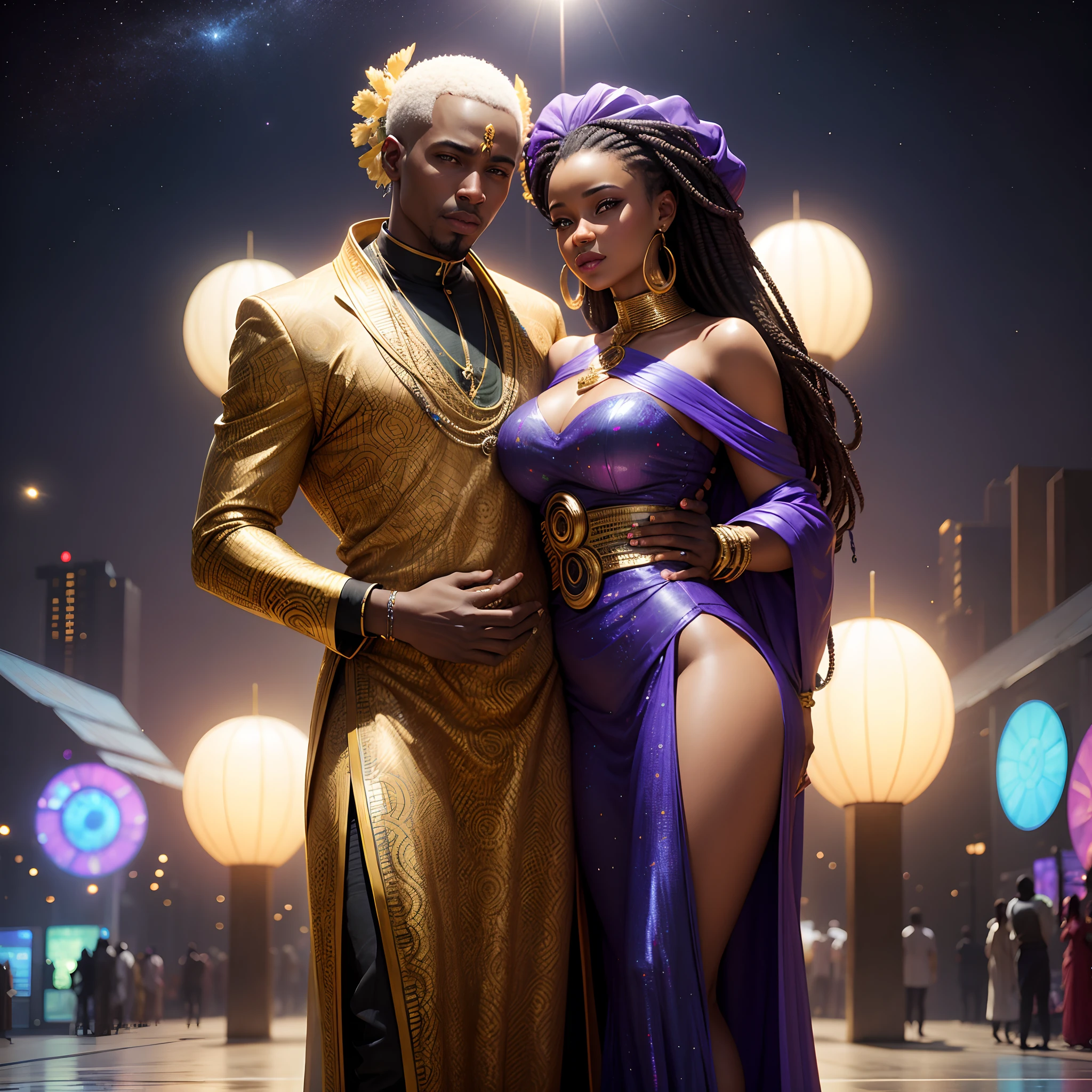 Happy African man marrying African woman both wearing African designed clothes, marriage ceremony on an futuristic african designed cyberpunk city, surrounded by a celebrating congregation all in african designed clothes, African designed drones above them spraying shinning particles in air, african designed spaceships flying in the city, cyberpunk city full of African designed instruments, african designed sculptures, pots, night time, moon and stars shining, with iridescent light, photorealistic image, 32k, ultra HD, cinematic lighting, artgerm style,