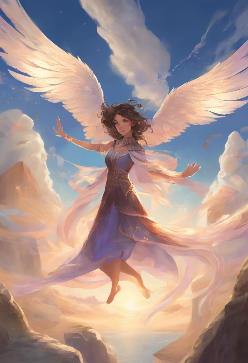 (masterpiece, best quality, highly detailed, ultra detailed, high resolution, absurdres, 4K, 8K:1.2), (official art, incredibly fine illustration, extremely detailed CG, detailed background, professional lighting, dynamic angle, perfect hands, detailed shiny skin, detailed hair, detailed eyes),
(girl,10 years old,child),black hair,medium hair,brown eyes,black hair,side ponytafil,brown eyes,sundress,flared skirt,angel wing,
break,
skydiving,arms up,
crowd,blue sky,cumulonimbus,sea of clouds,
sea,
break,
(aerial view:1.2),
(extremely long shot:1.2),
back shot,