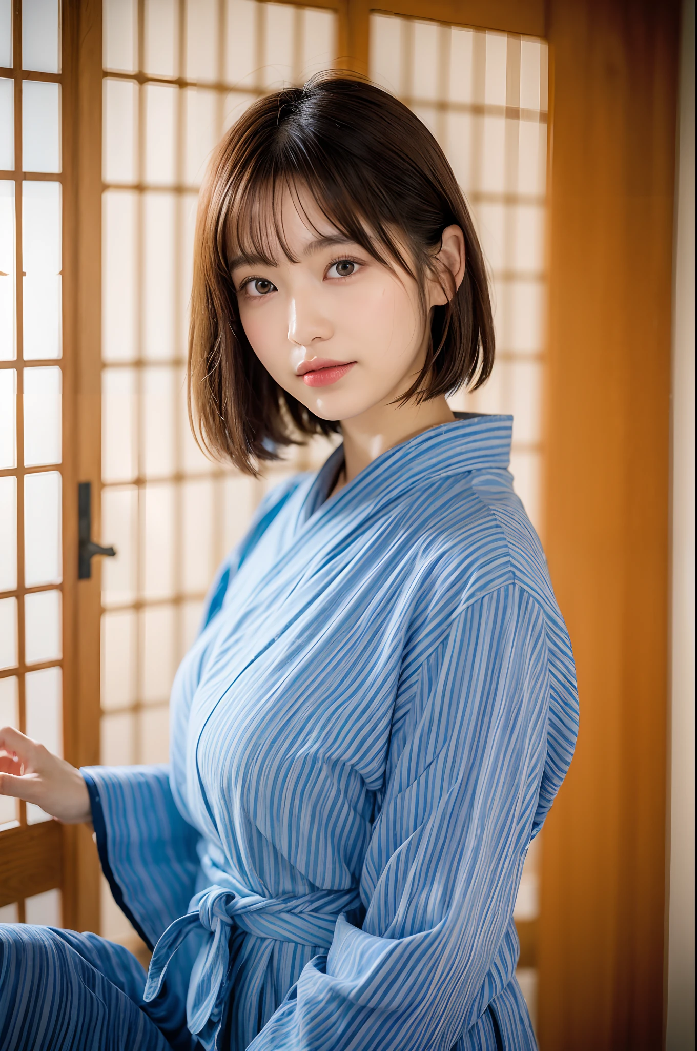 (natta:1.7), East Asian Architecture, 1womanl,Sitting on tatami mats, brunette color hair，（hair between eye）, Lip flap,  sixteen years old、(Beautiful shiny straight short long:1.2),Beautiful fingers,Beautiful long legs,Beauty Body，Cute nose，Beautiful character design，perfect  eyes，face perfect，looking at viewert，（Innocent_Big_Eyes：1.0），（light_Smile：0.3），offcial art，Very detailed CG Unity 8K wallpaper，Perfect litthing，highly colorful，Bright_front_Face_Lighting，（tmasterpiece:1.0),(best_quality:1.0), 超A high resolution,4K,ultra - detailed, photography of, 8K, nffsw, hight resolution, absurderes:1.2, Kodak Portra 400, film grains, the background is blurred, Bokeh:1.2, Lens Flare Glow, ( Vibrant_Color:1.2) (Beautiful,Large_breasts:1.4), (Beautiful_Face:1.5),(narrow_waist-up),8K,Raw photo, 、Relax at a ryokan in Japan、The background is the open-air bath at night at a hot spring inn (Girls are not subjects:1.3) (Hair after a bath:1.3),(Hair is wet:1.3) ((Girls are not subjects:1.2))((Draw a wide night background:1.2),((Yukata with light blue stripes isolated on white background:1.3)),(Yukata does not need gloss at all..:1.3)),((No need for a Korean yukata or Korean-style hairstyle.:1.5)),((Faithfully and realistically reproduce a pure Japan yukata:1.5))((Light Pink Band:1.3)),((The background is the entrance living room、At night, you can overlook the large and beautiful garden of the inn..:1.3)),((light pink bands:1.5))