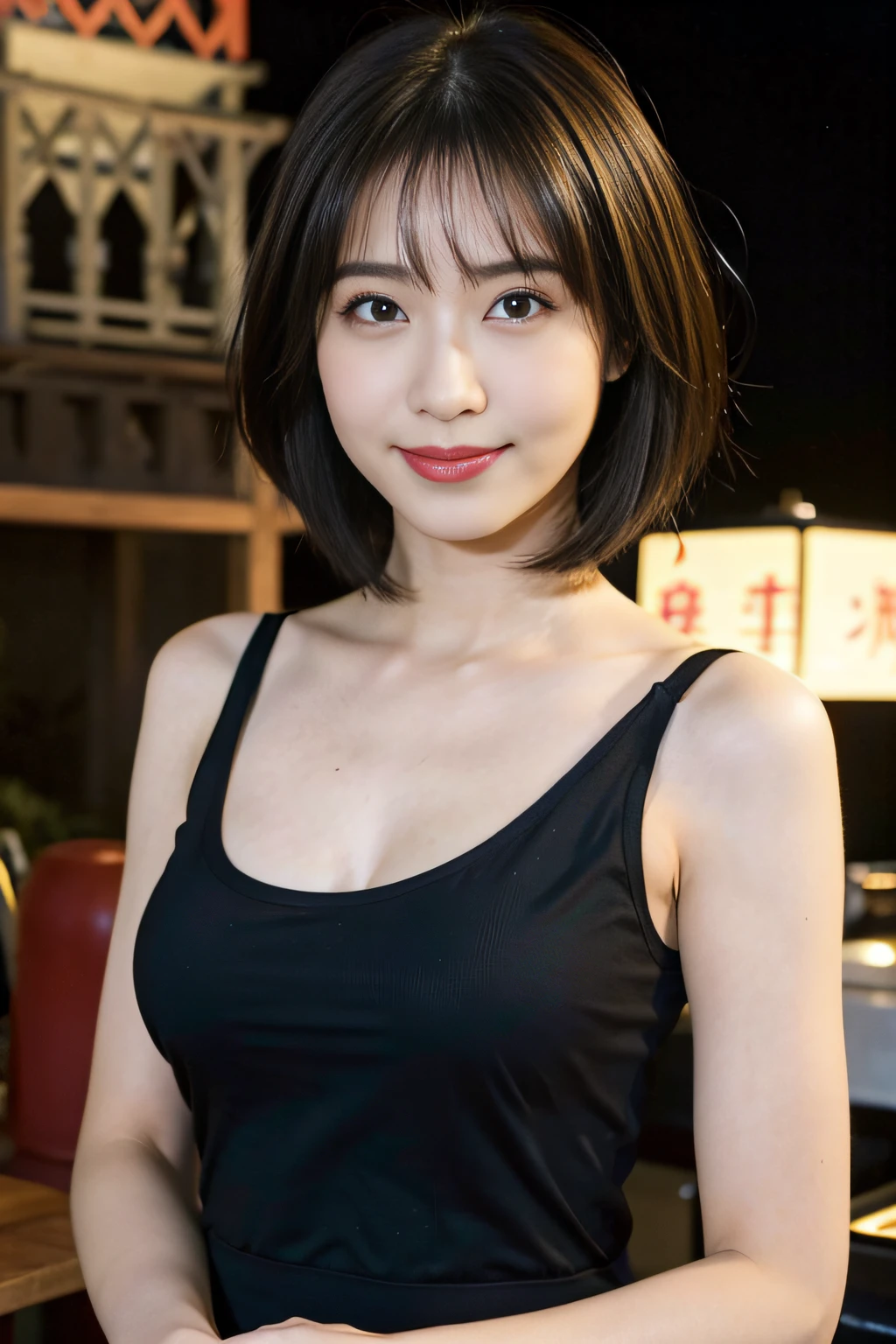 korean girl,one-girl,medium breasts,cleavage, looks into camera,short black hair,bob cut, black eyes, strapless, Red and Black dress, smile, morning light, showing armpit, high heels, earrings, necklace,2D illustration, vector art, 4 guys behind, in the vip night club room, many alcohol