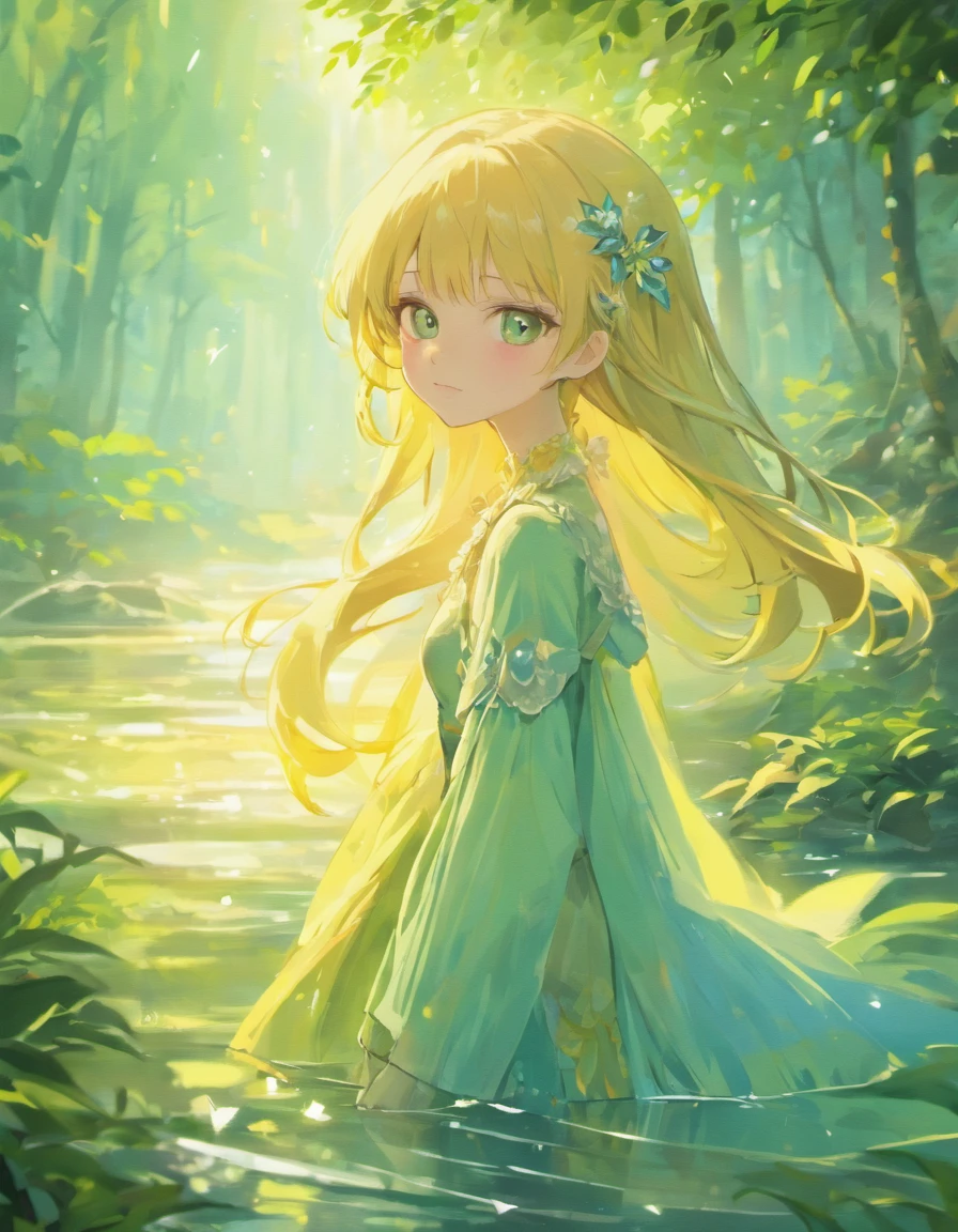 (Masterpiece), (best quality) a girl with a lovely face, long white hair, green eyes, white eyelashes, wear a short dress, sitting in a field, clear blue sky.