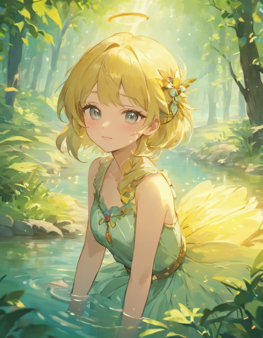 (best quality,4k,8k,highres,masterpiece:1.2),ultra-detailed,(realistic,photorealistic,photo-realistic:1.37),beautiful detailed eyes,beautiful detailed lips,extremely detailed eyes and face,longeyelashes,young girl,fantasy,enchanted forest,riverside,gently smiling,white hair,short hair,gently wet,shy,soft sunlight,serene atmosphere,delicate flowers,flowing river tranquil background,whispering leaves,dappled shadows,magic ambiance,sunlit glade,ethereal beauty,mystical surroundings,fresh morning dew,luminous atmosphere,fairy-like,blurred background,subtle breeze,fantastical elements,gentle aura,lively and vibrant colors,hint of mystery,innocence and charm,effortless grace,expressive gaze,warm and inviting scene,dreamy and enchanting setting,meandering river,path leading into the unknown,ivory skin,Forest nymph-like,subtle lighting effects,playful and delicate demeanor,secretive smile