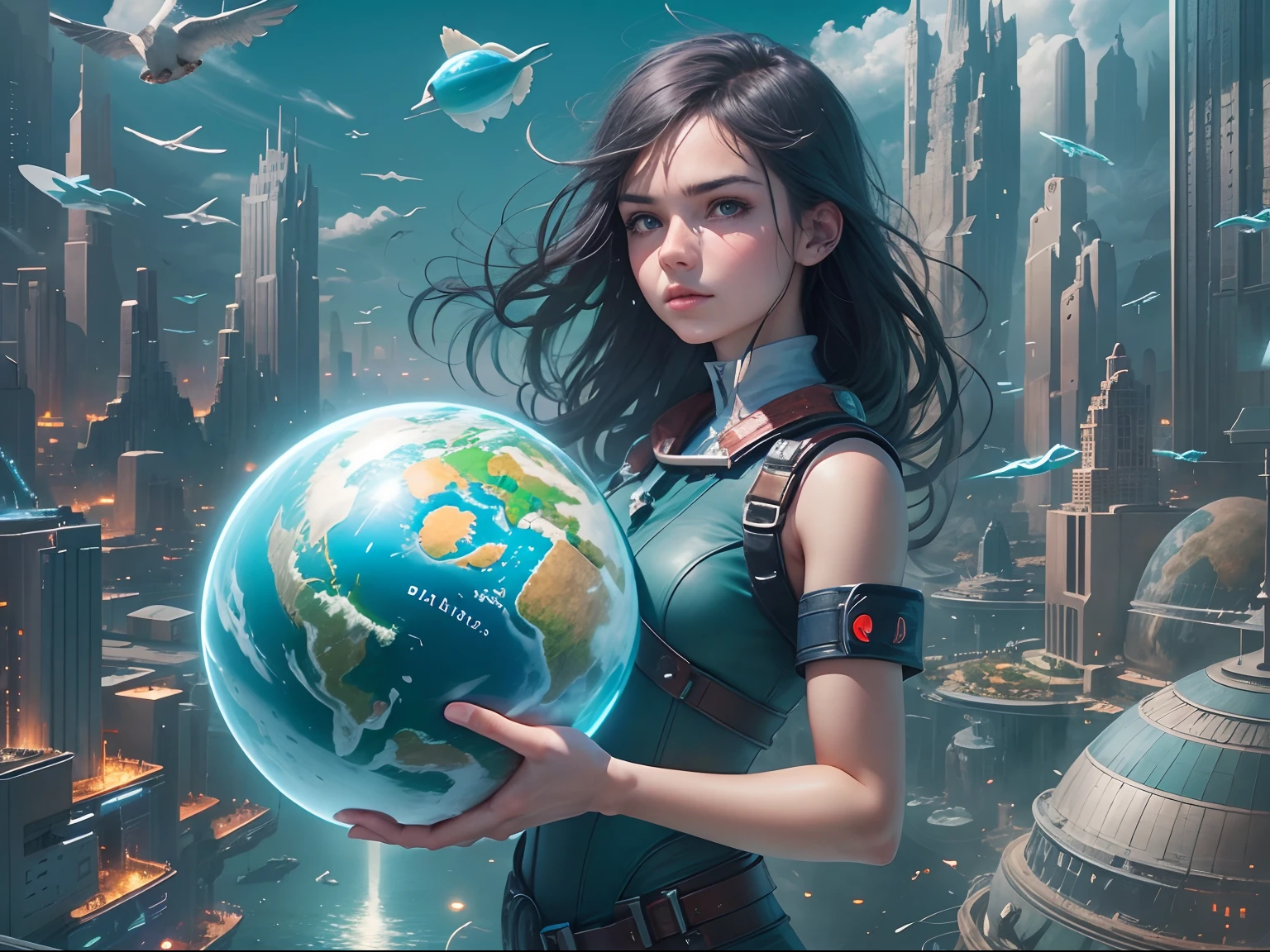 bit girl,Holding the blue planet in hand, Being in the air, Bird's eye view, sci fi city, There is glare,