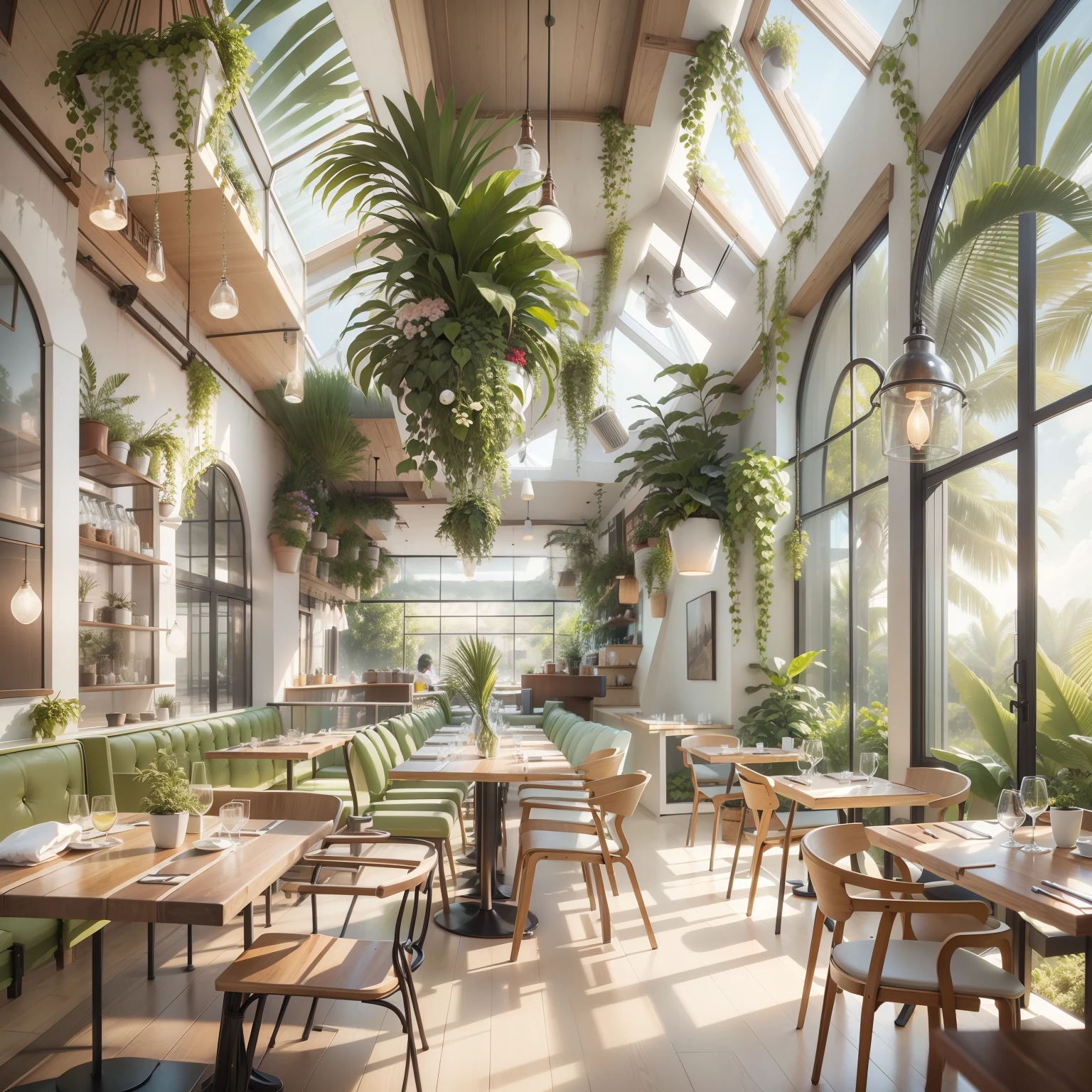 Interior Design, a perspective of of a restaurant with an island, large windows with natural light, Light colors, vegetation, modern furniture, skylight, modern minimalistic design, hyper realistic, masterpiece, highly detailed, digital painting, best quality, highres, detailed work, post-processing