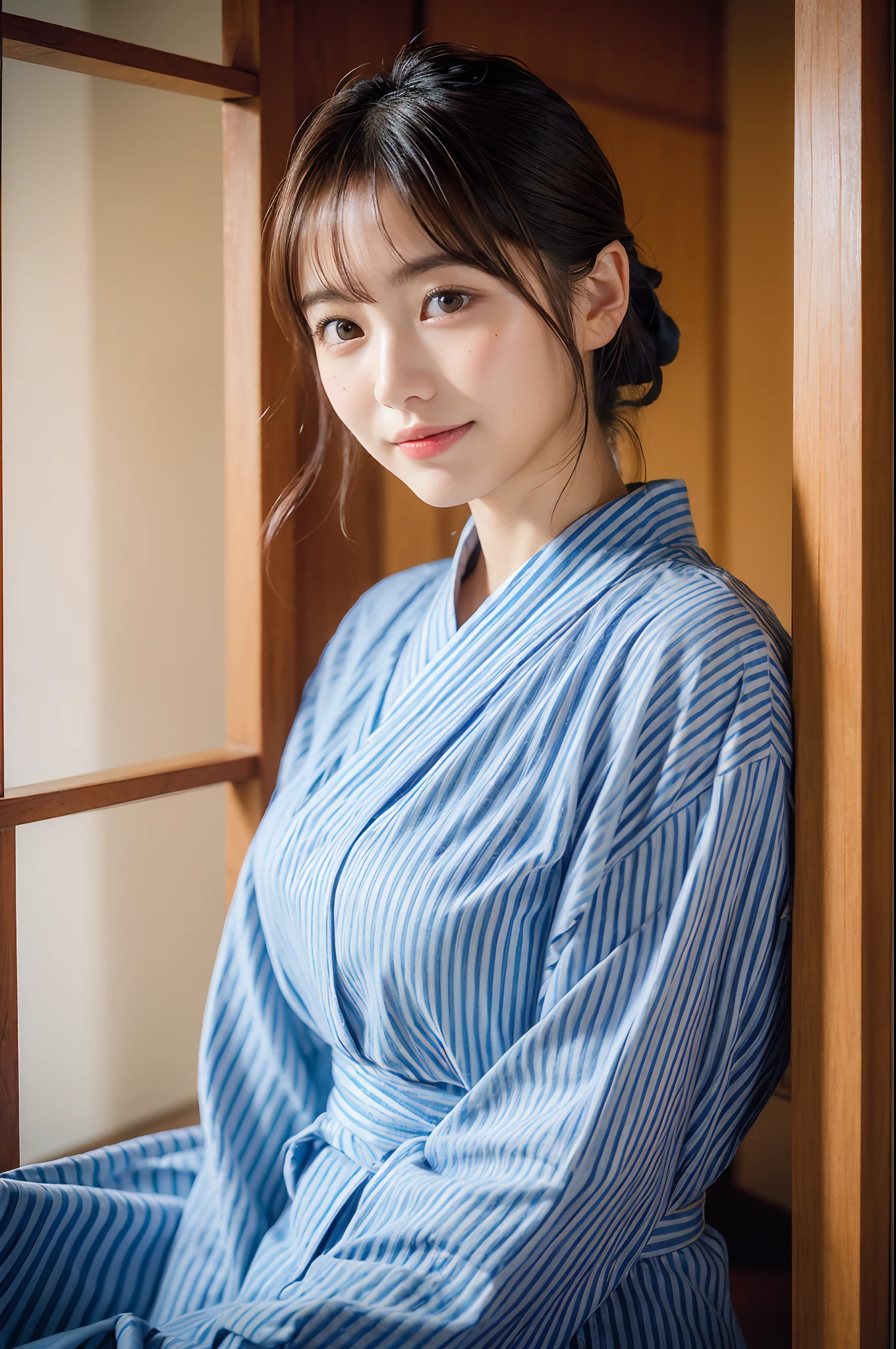 (natta:1.7), East Asian Architecture, 1womanl,Sitting on tatami mats, brunette color hair,(hair between eye), Lip flap, ,Beautiful fingers,Beautiful long legs,Beauty Body,Cute nose,Beautiful character design,perfect eyes,face perfect,looking at viewert,(Innocent_Big_Eyes:1.0),(light_Smile:0.3),offcial art,Very detailed CG Unity 8K wallpaper,Perfect litthing,highly colorful,Bright_front_Face_Lighting,(tmasterpiece:1.0),(best_quality:1.0), 超A high resolution,4K,ultra - detailed, photography of, 8K, nffsw, hight resolution, absurderes:1.2, Kodak Portra 400, film grains, the background is blurred, Bokeh:1.2, Lens Flare Glow, ( Vibrant_Color:1.2) (Beautiful,Large_breasts:1.4), (Beautiful_Face:1.5),(narrow_waist-up),8K,Raw photo, 、Relax at a ryokan in Japan、The background is the open-air bath at night at a hot spring inn (Girls are not subjects:1.3) (Hair after a bath:1.3),(Hair is wet:1.3) ((Girls are not subjects:1.2))((Draw a wide night background:1.2),((Yukata with light blue stripes isolated on white background:1.3)),(Yukata does not need gloss at all:1.5)),((No need for a Korean yukata or Korean-style hairstyle.:1.5)),((Faithfully and realistically reproduce a pure Japan yukata:1.5))((Light Pink Band:1.3)),((The background is the entrance living room、At night, Overlooking the inn's large and beautiful gardens..:1.3)),((Light Pink Band:1.5)) ((Beautiful shiny straight short long:1.5)) sixteen years old、((Beautiful shiny straight short long:1.5))((Pink band))