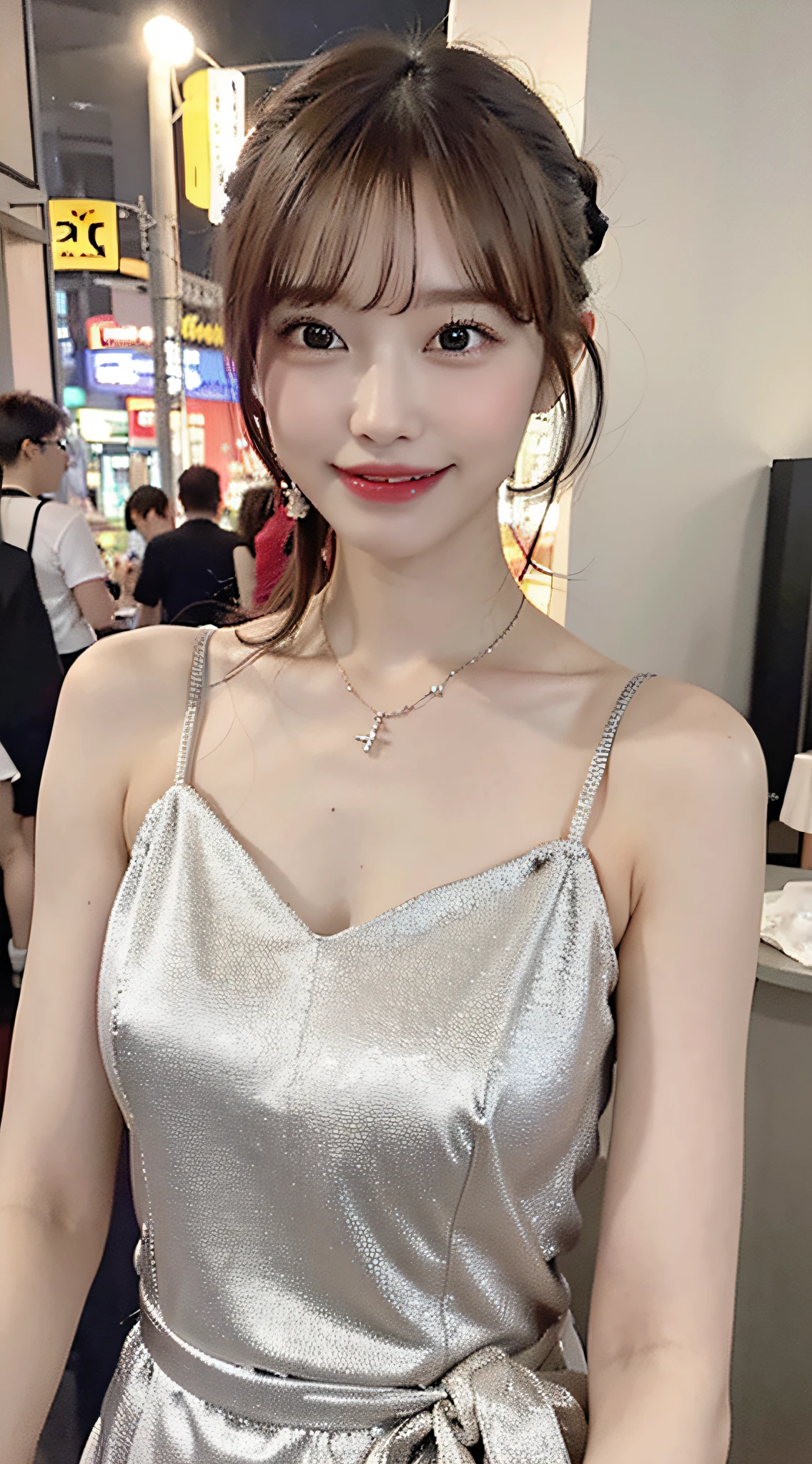 (masterpiece:1.3), (8K, Photorealsitic, Raw photography, Top image quality: 1.4), Japan high school girls、(Hair is tied up:1.2)、Super Detail Face、Eye of Detail、二重まぶた、foco nítido:1.2、prety woman:1.4、light brown hair、top-quality、masterpiece、超A high resolution、(Photorealsitic:1.4)、very detailed and professional lighting、slender、(Grinning smile:1.3)、Wearing a body-fitted party dress、shoulders are exposed:1.8、side slits:1.2、Gorgeous Necklaces:1.5、((Party venues in Europe and the United States))、
