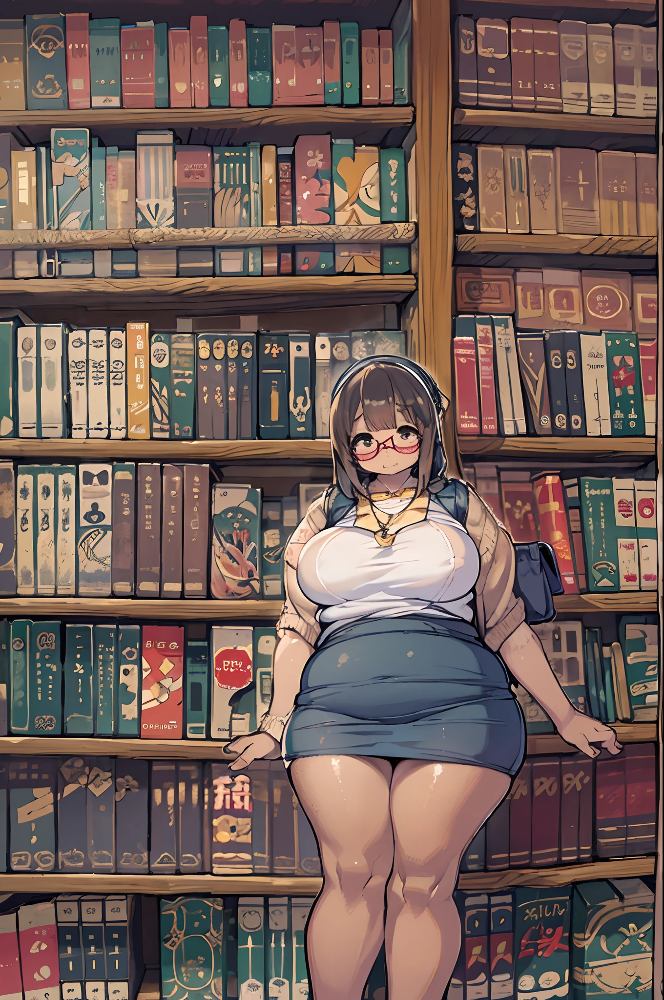 Huge library、1 librarian、One Woman、small round glasses、huge-breasted、(((((bbw))))),(((chubby)))、pantyshot 、 up skirt