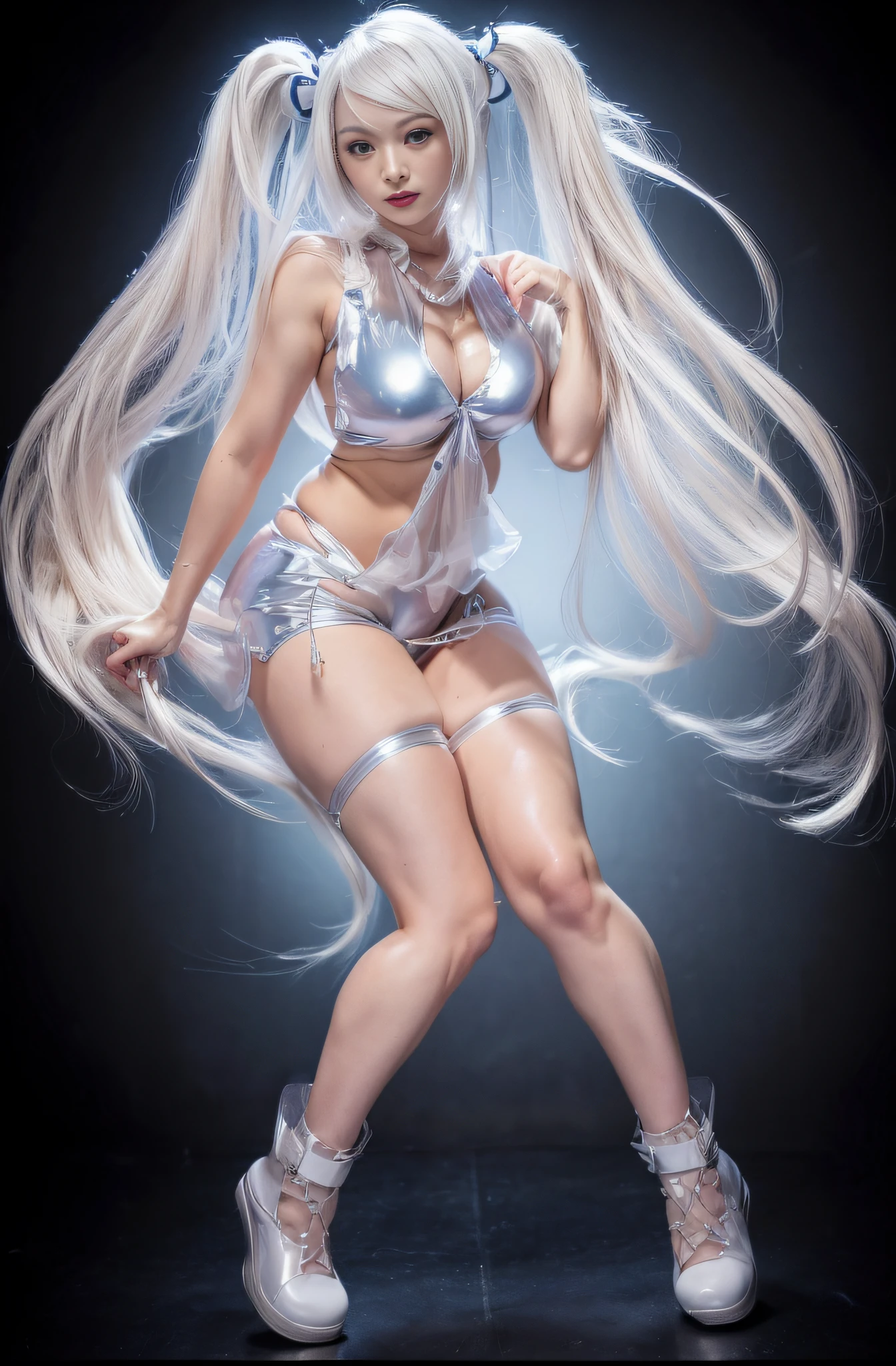 Photo of 1 young 21 years old Japanese girl in latex bondage outfit, (Bare shoulders, Black latex g-string bikini, Beautiful round big breasts, cyberpunk background, Short white platinum hair, Very detailed Oval face, double eyelids, features, parted lip, Blue eyes, Solo, ((Areola)), (cleavage), Armpits, Delicate and sexy (鎖骨: 1.3), Shiny reflective white platinum metallic hair, (Glossy albino skin: 0.8), (Masterpiece: 1.4), (Best quality: 1.4), Natural(Big:1.25), Glossy lips, Perfect abs, (Thin areola), (Thin fabric) (Perspectiveal), Tight waist,, Areola, Inner seam, full body, hourglass body shape, navel, Open legs, Blush, Voluptuous , bodybuilder muscles, very Asian small eyes, blue eyes, looking at viewer