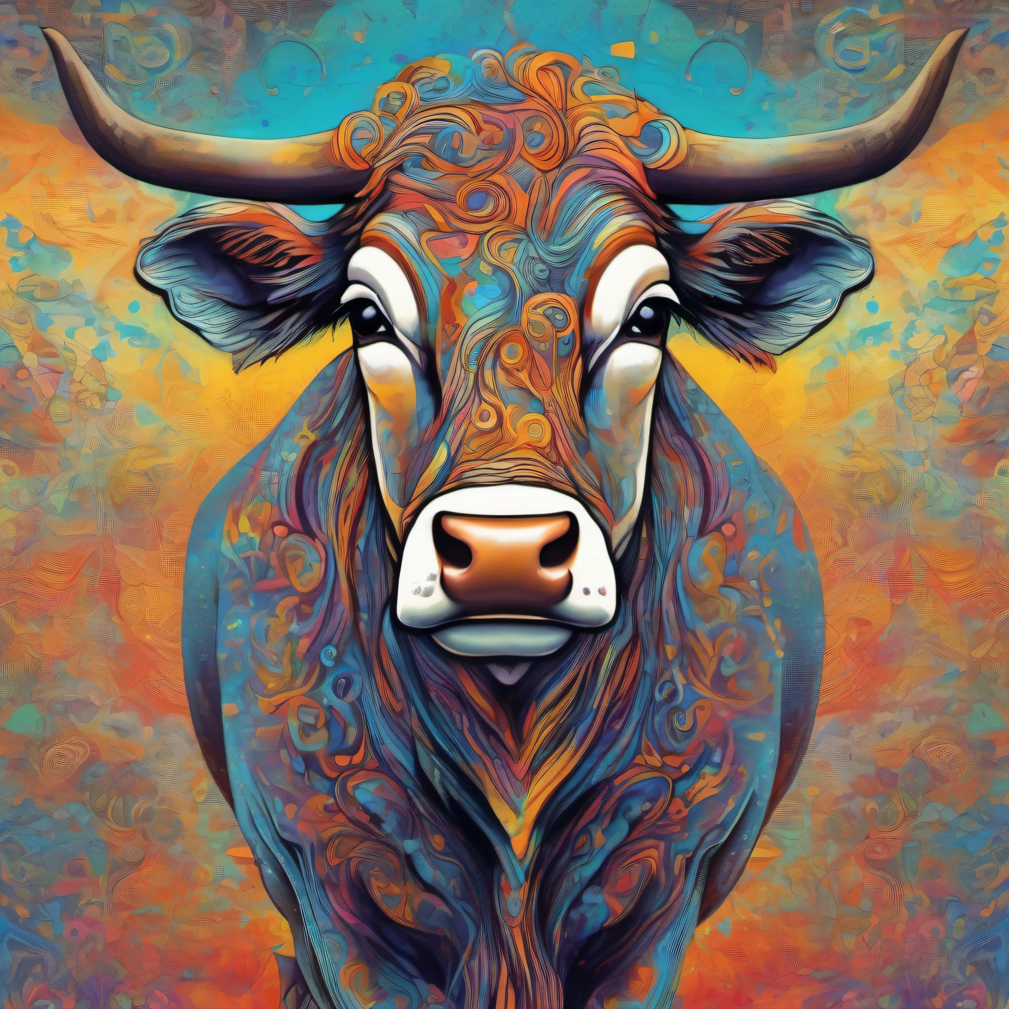 beautiful picture of the torso of a cow in the style of Taurus astrological sign in synesthesia of Shape by moebius combined with manga comic style, antonio lopez, ultra - detailed vivid saturated water color pencils with a moire pattern applied by conrad roset and paul klee and gil elvgren, detailed illustrations, hyper-detailed illustrations, colorful melancholy, textured backgrounds and vivid, multi-layered imagery, fluidity and dynamism. HDR, UHD 32k. --AR 16:9, --v 5.2