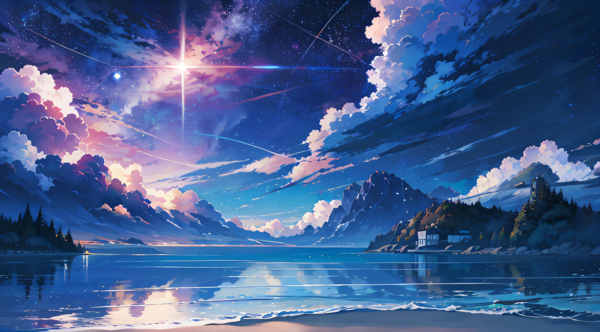 Seaside view, Starry sky, No Man, scenery, beautiful anime scenes, Anime Sky, Healing, unwind, Relax, Peace of mind, Fantastical, Photorealistic, Masterpiece, Best quality, Sharp focus, 4K