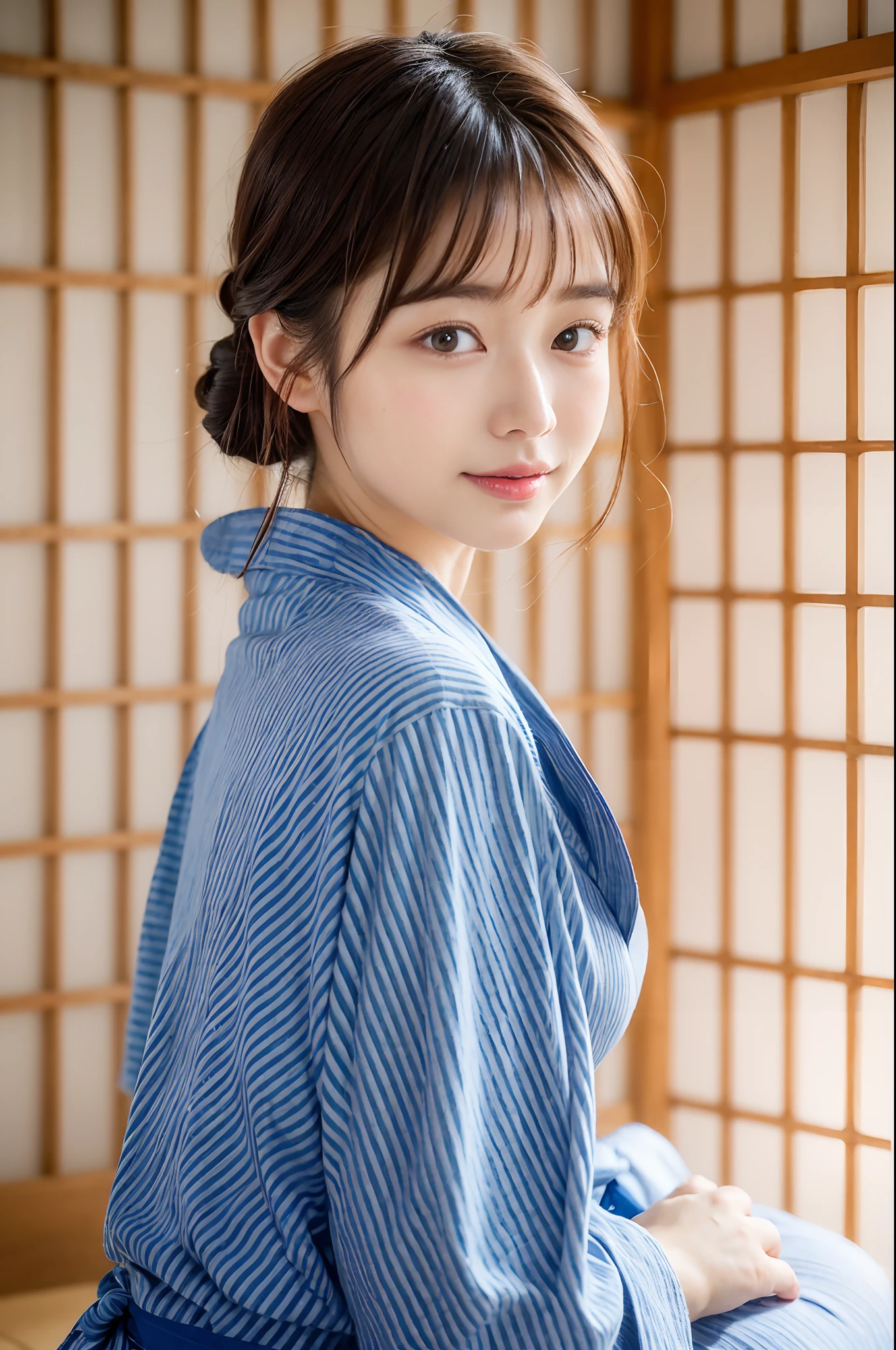 (natta:1.7), East Asian Architecture, 1womanl,Sitting on tatami mats, brunette color hair，（hair between eye）, Lip flap, ,Beautiful fingers,Beautiful long legs,Beauty Body，Cute nose，Beautiful character design，perfect  eyes，face perfect，looking at viewert，（Innocent_Big_Eyes：1.0），（light_Smile：0.3），offcial art，Very detailed CG Unity 8K wallpaper，Perfect litthing，highly colorful，Bright_front_Face_Lighting，（tmasterpiece:1.0),(best_quality:1.0), 超A high resolution,4K,ultra - detailed, photography of, 8K, nffsw, hight resolution, absurderes:1.2, Kodak Portra 400, film grains, the background is blurred, Bokeh:1.2, Lens Flare Glow, ( Vibrant_Color:1.2) (Beautiful,Large_breasts:1.4), (Beautiful_Face:1.5),(narrow_waist-up),8K,Raw photo, 、Relax at a ryokan in Japan、The background is the open-air bath at night at a hot spring inn (Girls are not subjects:1.3) (Hair after a bath:1.3),(Hair is wet:1.3) ((Girls are not subjects:1.2))((Draw a wide night background:1.2),((Yukata with light blue stripes isolated on white background:1.3)),(Yukata does not need gloss at all:1.5)),((No need for a Korean yukata or Korean-style hairstyle.:1.5)),((Faithfully and realistically reproduce a pure Japan yukata:1.5))((Light Pink Band:1.3)),((The background is the entrance living room、At night, Overlooking the inn's large and beautiful gardens..:1.3)),((Light Pink Band:1.5)) ((Beautiful shiny straight short long:1.5)) sixteen years old、((Beautiful shiny straight short long:1.5))((Pink band))