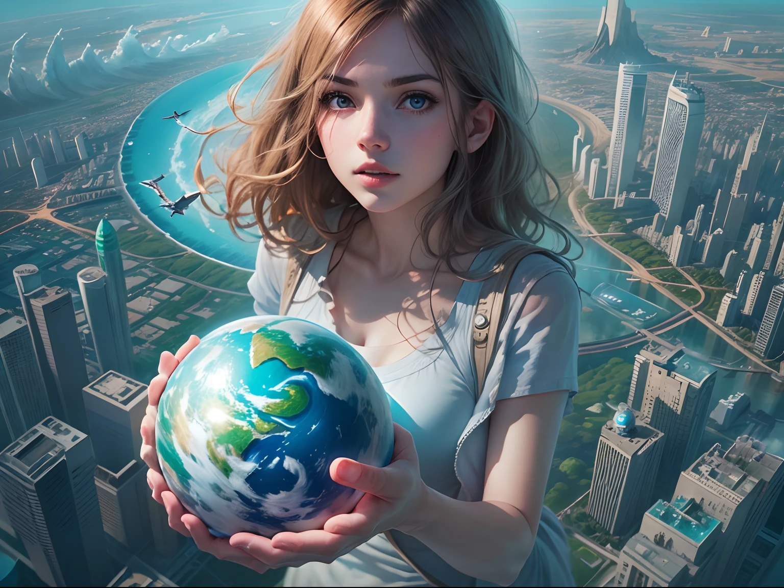 bit girl,Holding the blue planet in hand, Being in the air, Bird's eye view, sci fi city, There is glare,
