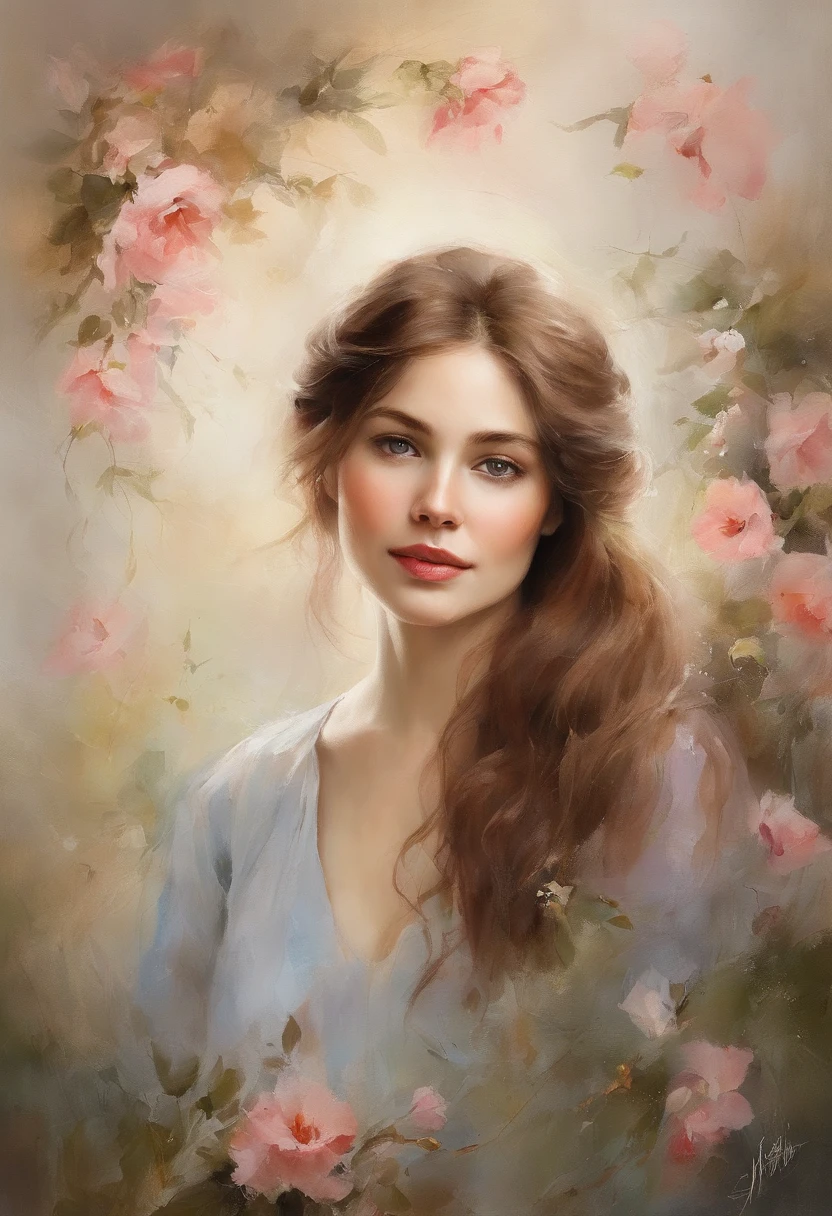 Imagine a watercolor portrait of a young woman with a calm expression. This picture is、Captures the delicate play of light and shadow in her features. Her eyes are a seductive shade of deep blue, Eta、They seem to have a hint of distant memory. The artist's skillful brushwork、Brings out the subtle texture of her skin, Give realistic quality. The subject's lips are softly painted in a natural pink shade, And a gentle smile adorns her face. Sprigs of her wavy reddish-brown hair surround her face, Beautiful harmony with dreamy things, Ethereal background in soft pastel colors. The overall atmosphere of the painting is、Exudes a sense of tranquility and introspection.