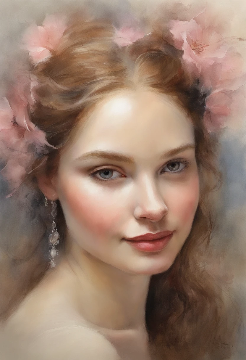 hyper realistic, ultra detailed photograph of a woman, smiling, golden jewelry, shiny, sunlight fractal details, depth of field, HOF, hall of fame, detailed gorgeous face, apocalyptic environment, natural body posture, professional photographer, captured with professional DSLR camera, trending on Artstation, 64k, ultra detailed, ultra accurate detailed, bokeh lighting, surrealism, Thomas Kinkade background, urban, ultra unreal engine, WLOP, Pauline Voß, Pascal Quidault, , Christian Schob, Martina Fackova, intricate, epic, freckles, peach fuzz, detailed mascara,(( more  darker hair ,  bluepurple grey  background,  ))