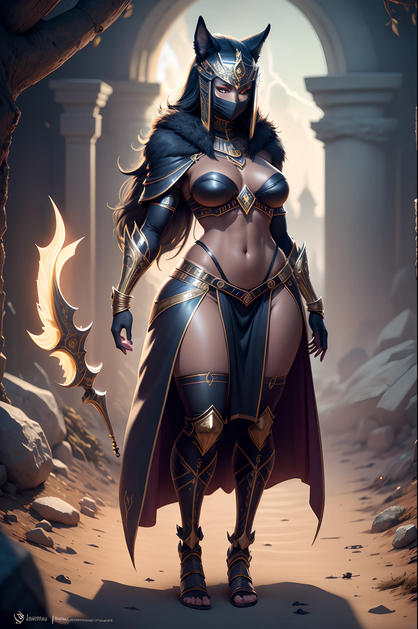 (best quality, highres, ultra-detailed), Anubis in the form of a wolf, ethereal atmosphere, mystical aura, ancient Egyptian deity, powerful and majestic, glowing eyes, elaborate headdress, intricate wolf fur, supernatural powers, guardian of the underworld, sandy desert background, moonlit night, haunting and mysterious, flickering torches, golden ankh symbol, dramatic lighting, intense and eerie shadows