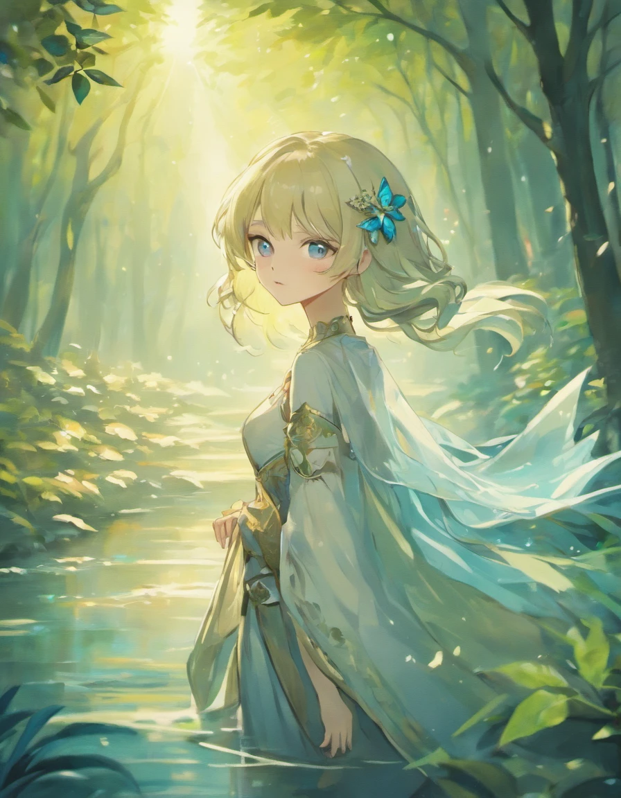 beautiful blueish eyes,beautiful detailed lips,Extremely detailed eyes and face,long eyelasher,,fantasy,an enchanted forest,Riverside,gently smiling,White hair,short detailed hair,Gently moisten,Shy,Starry sky at night,tranquil ambiance,Delicate flowers,Tranquil background of flowing river,whispering leaves,dappled shadow,Magical atmosphere,,Ethereal beauty,A mystical environment,,Glowing atmosphere,Fairy-like,Blurred background,light wind,Fantasy elements,hint of mystery,Innocence and charm,effortless grace,Expressive gaze,Warm and inviting scene,Fantastic and charming setting,Meandering river,The road to the unknown,ivory skin,Forest nymph-like,Subtle lighting effects,Playful and delicate manners,A mysterious smile