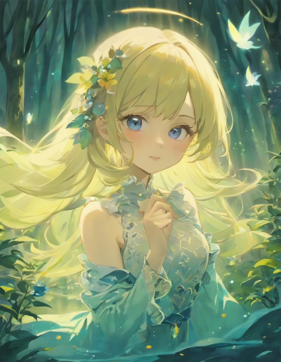 beautiful blueish eyes,beautiful detailed lips,Extremely detailed eyes and face,long eyelasher,,fantasy,an enchanted forest,Riverside,gently smiling,White hair,short detailed hair,Gently moisten,Shy,Starry sky at night,tranquil ambiance,Delicate flowers,Tranquil background of flowing river,whispering leaves,dappled shadow,Magical atmosphere,,Ethereal beauty,A mystical environment,,Glowing atmosphere,Fairy-like,Blurred background,light wind,Fantasy elements,hint of mystery,Innocence and charm,effortless grace,Expressive gaze,Warm and inviting scene,Fantastic and charming setting,Meandering river,The road to the unknown,ivory skin,Forest nymph-like,Subtle lighting effects,Playful and delicate manners,A mysterious smile