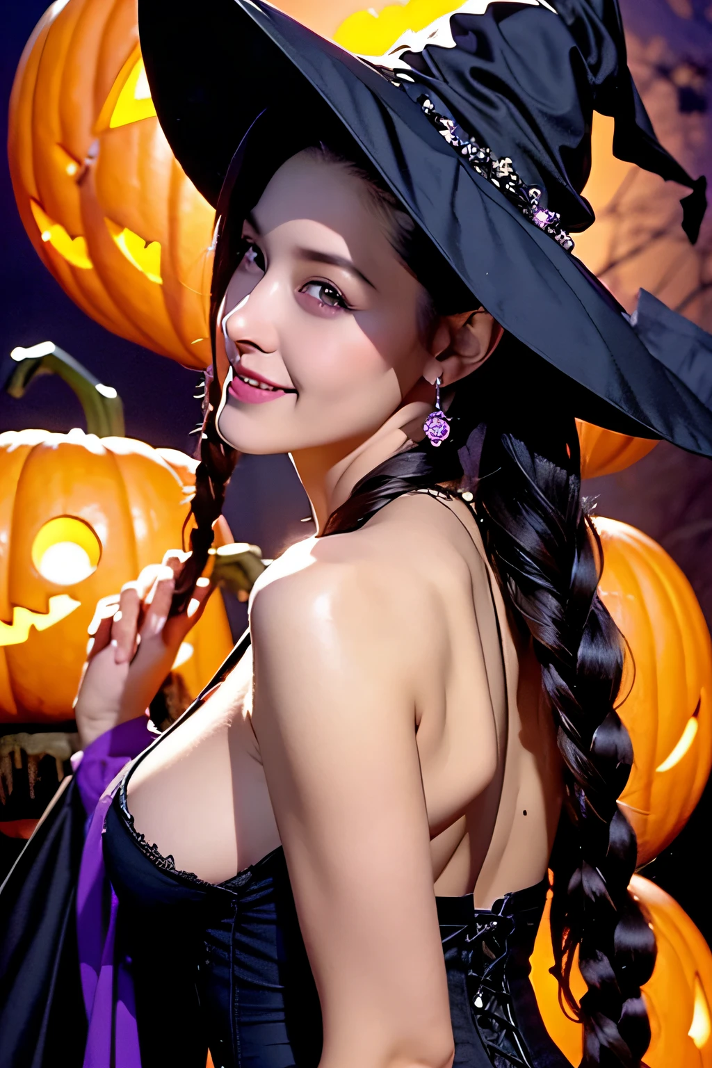 beautiful witch female, With long hair in black hair braids, Purple eyes, Big Bust, Dressed witch's clothes, Stand and smile, Realistic, Full-HD, Best Quality、(halloween theme、Halloween Party)、cleavage of the breast、Breast exposure、Corset Dresses、(witch's hat : pin-up)、Pumpkin lantern around the perimeter、view from back、