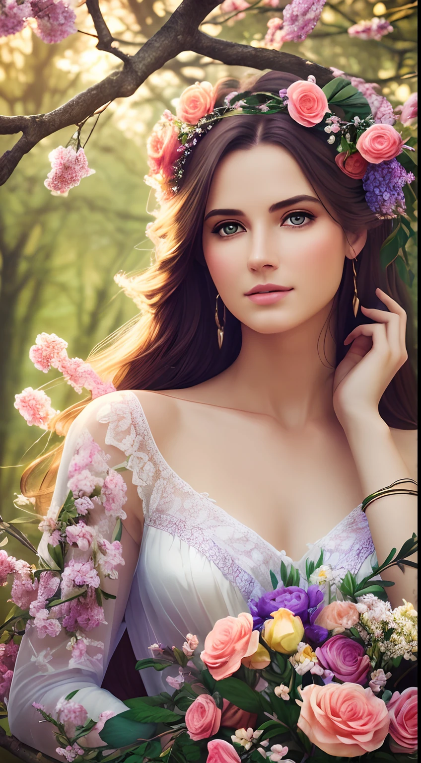 (best quality, highres, realistic, HDR), a beautiful woman held by branches, flowers, artistic style, portraits, vibrant colors, soft lighting, ethereal atmosphere
