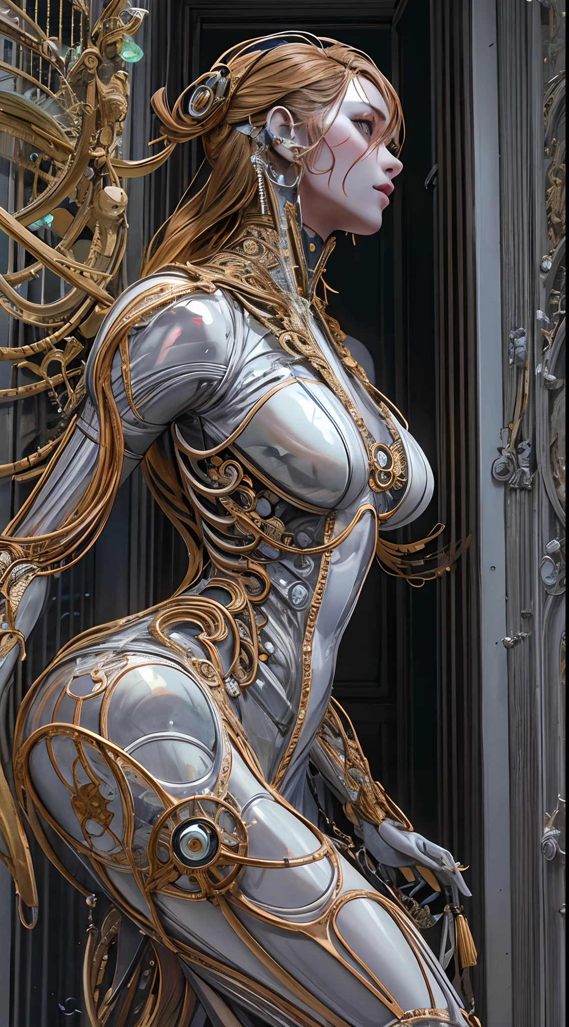 (La mejor calidad,4k,8k,Altas Resoluciones,Obra maestra:1.2),Ultra detallado,(realista,fotorrealista,fotorrealista:1.37),retrato,Ciencia, Beautiful woman Angel of Death, Biomechanical robot, lente simulada de 150 mm, hermosa luz natural de borde suave, neon veins, roots, delicado encaje de hojas, detalles coloridos, traje de Boris Bidjan Saberi, pendientes de perlas, piercings, bordados de moda art nouveau, detalles intrincados, Mesh lines, fractales de Mandelbrot, facial muscles, cables, microchips, villanos, surrealistas, ultradetallados, octanaje, volumetric illumination, 8K and post-production,  rojo El blanco tiene un poco de negro, Detalles de esqueleto de metal, Mitad humano, Iridiscente, Estilo Glenn Brown, futuristic room, Poder de Dios, High Angle Shot, Poses corporales complejas