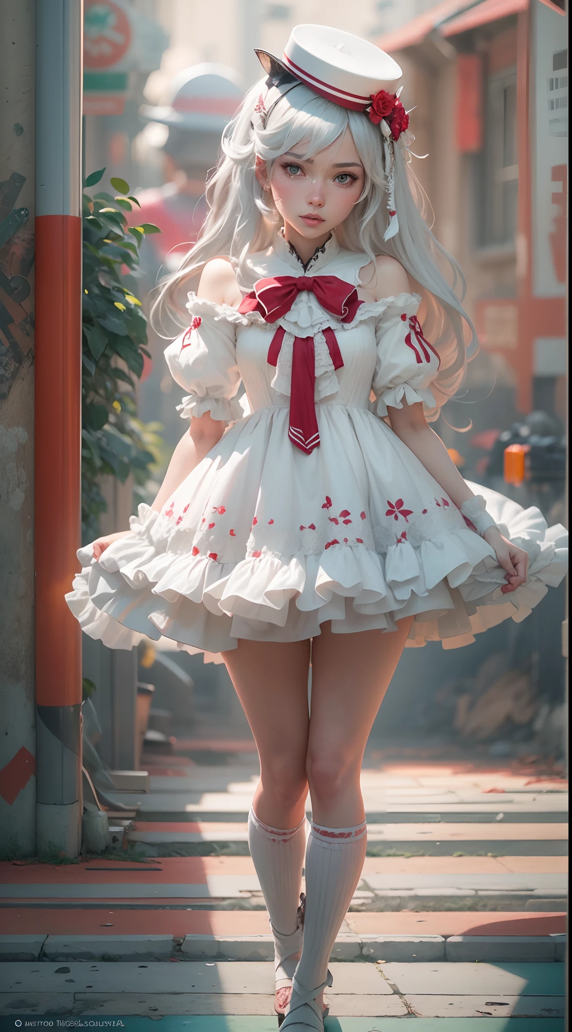 (La mejor calidad,4k,8k,Altas Resoluciones,Obra maestra:1.2),Ultra detallado,(realista,fotorrealista,fotorrealista:1.37),retrato,Ciencia,Imagen de estilo de una mujer vestida con un vestido blanco y rojo lolita, Guweiz, Arte detallado de alta calidad 8K, Obras de arte al estilo de Guweiz, Tendencias en CGVatstation, Guweiz en Artstation Pixiv, Guweiz en Pixiv Artstation, Obra maestra de Guweiz, Diosa del anime, 2. 5 d cgi anime fantasy artwork
