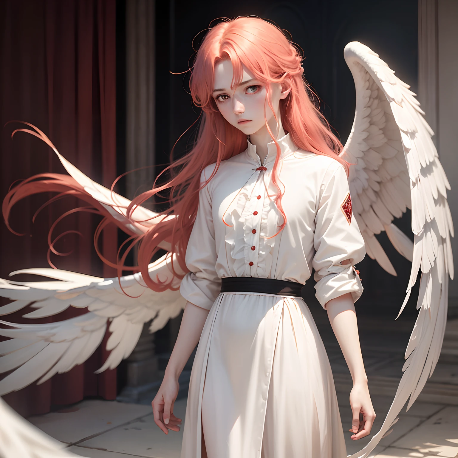 Pale red disheveled hair of medium length, Pale red eyes, official costume, White angel wings, nimbus, Tired look, Young androgynous man