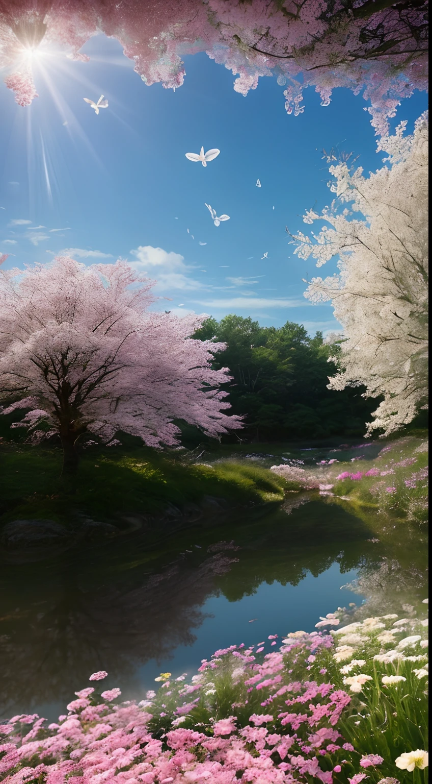 Meadow flower garden、Numerous florets、Crystal Spring Flowers、Pink-White Gradient、water dripping、Fantastic Galaxy、cleanness、、Pink-White Gradient、water dripping、Light blue leaves、brilliance、brilliance、brilliance、Eau、colourfull、、Magic photo of light blue leaves、Dramatic Lighting、photorealisim、ultra-detailliert、4K、Depth-of-fie、hight resolution