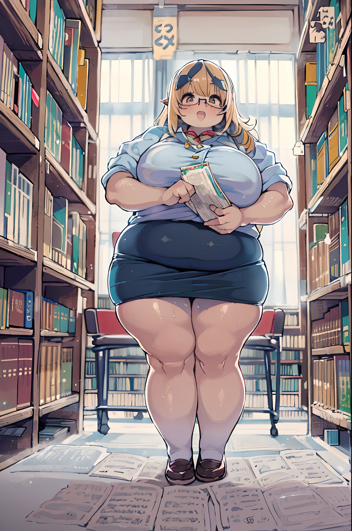 Huge library、1 librarian、One Woman、small round glasses、huge-breasted、(((((bbw))))),(((chubby)))、pantyshot 、 up skirt