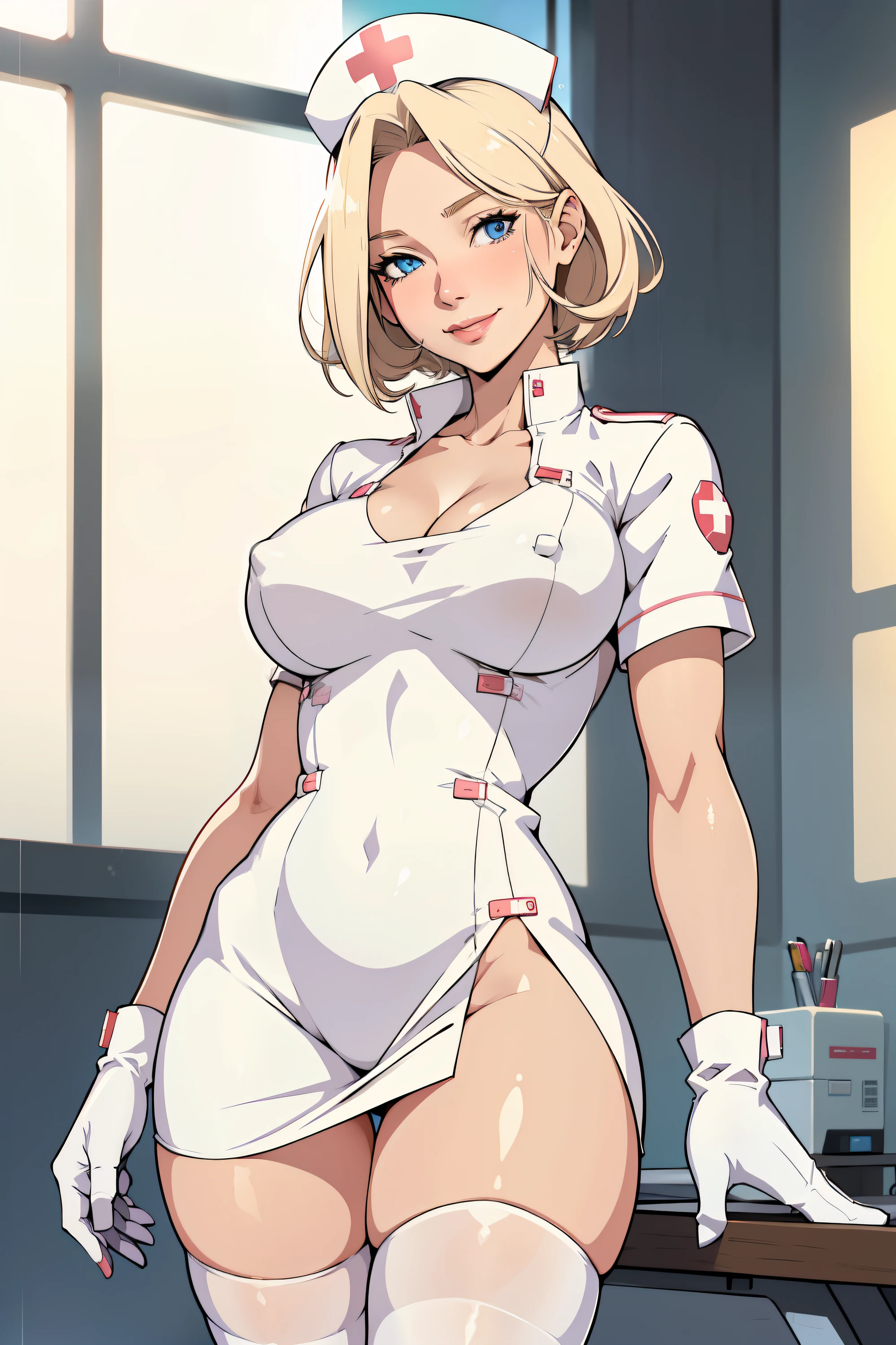 1woman, Nurse, nurse uniform, Nurse Cap, Whiteware, ((White legwear, zettai ryouiki)), White Gloves, Blonde hair, Blue eyes, pink lipsticks, Smile, Standing, sharp outline, Short sleeves, a mature female, 35 year old, Best Quality, masterpiece, infirmary, As chest shows, chest escaping, rain on face, sensuous pose, tit visible