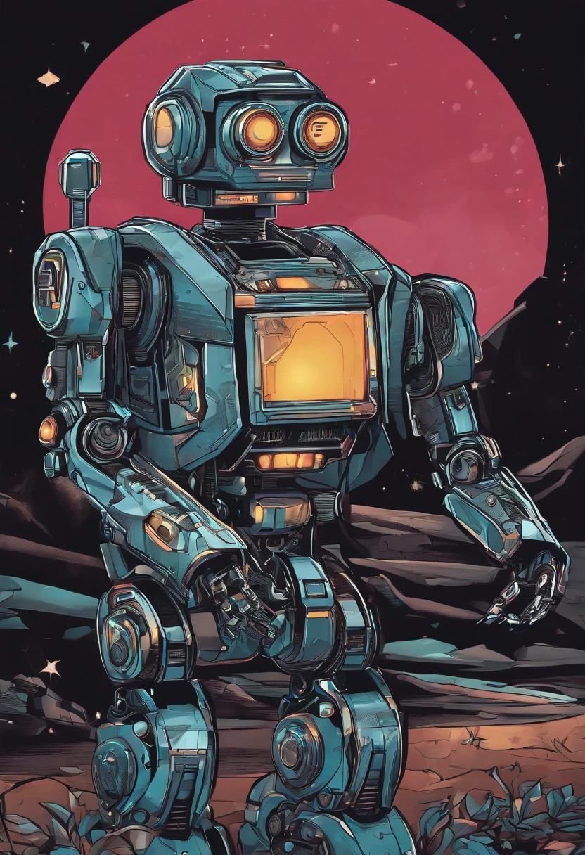 /imagine prompt: Robot illustration with sticker on black background, sci-fy, Bold outline style, Jagged edges, Trash core, Light Shadow --V 5.2