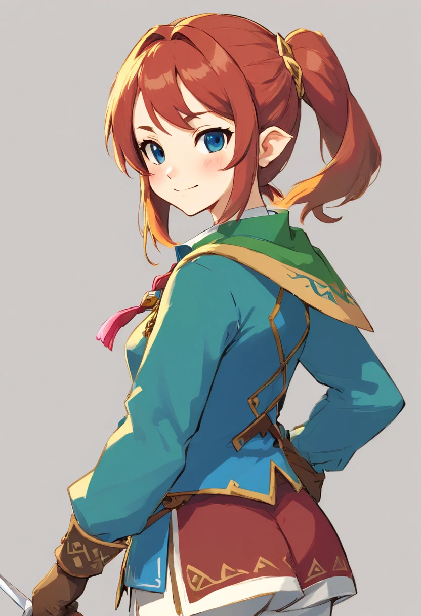 (best-quality:0.8), (best-quality:0.8), high resolution, cowboy shot, face focus, masterpiece, 1girl, ((tall girl, tall woman)), flat chest, mature, freckles, solo, anime style, (cute, smile, proud), simple background, one color background, contrasting background, (red hair , messed hair, pigtail hair, twintails), jacket, shirt, medium pants, gloves,, person for the zelda game, the zelda manga, man, zelda character ff, in the style of ian mcque, temmie chang, stylish costume design, romanticized depictions of wilderness, jean-baptiste monge, science academia,