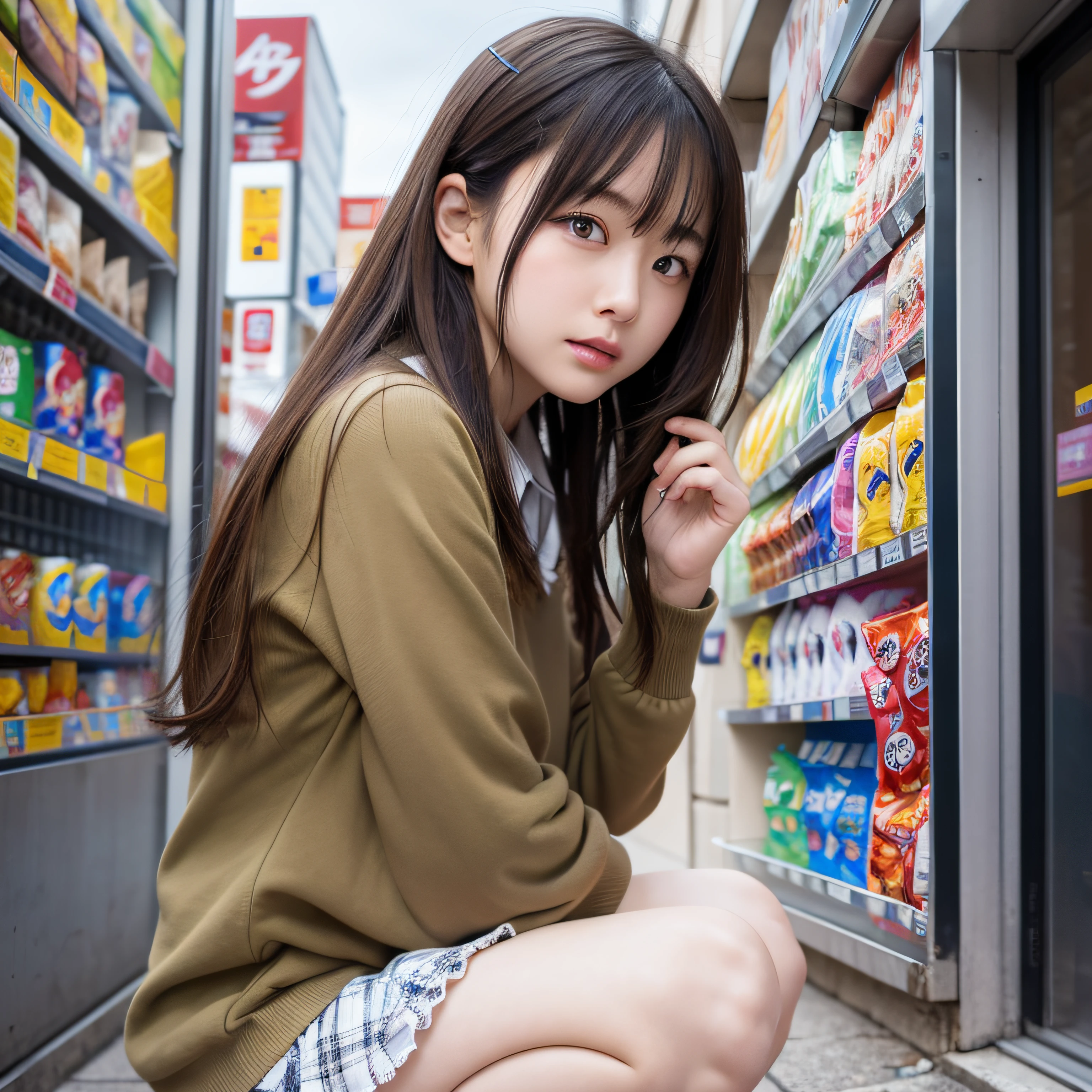 top-quality、8k picture、1 Japan schoolgirl、Beautiful facial features、A detailed eye、Detailed pupils、slenderbody、student clothes、a miniskirt、Squatting in front of a convenience store、Shooting from front