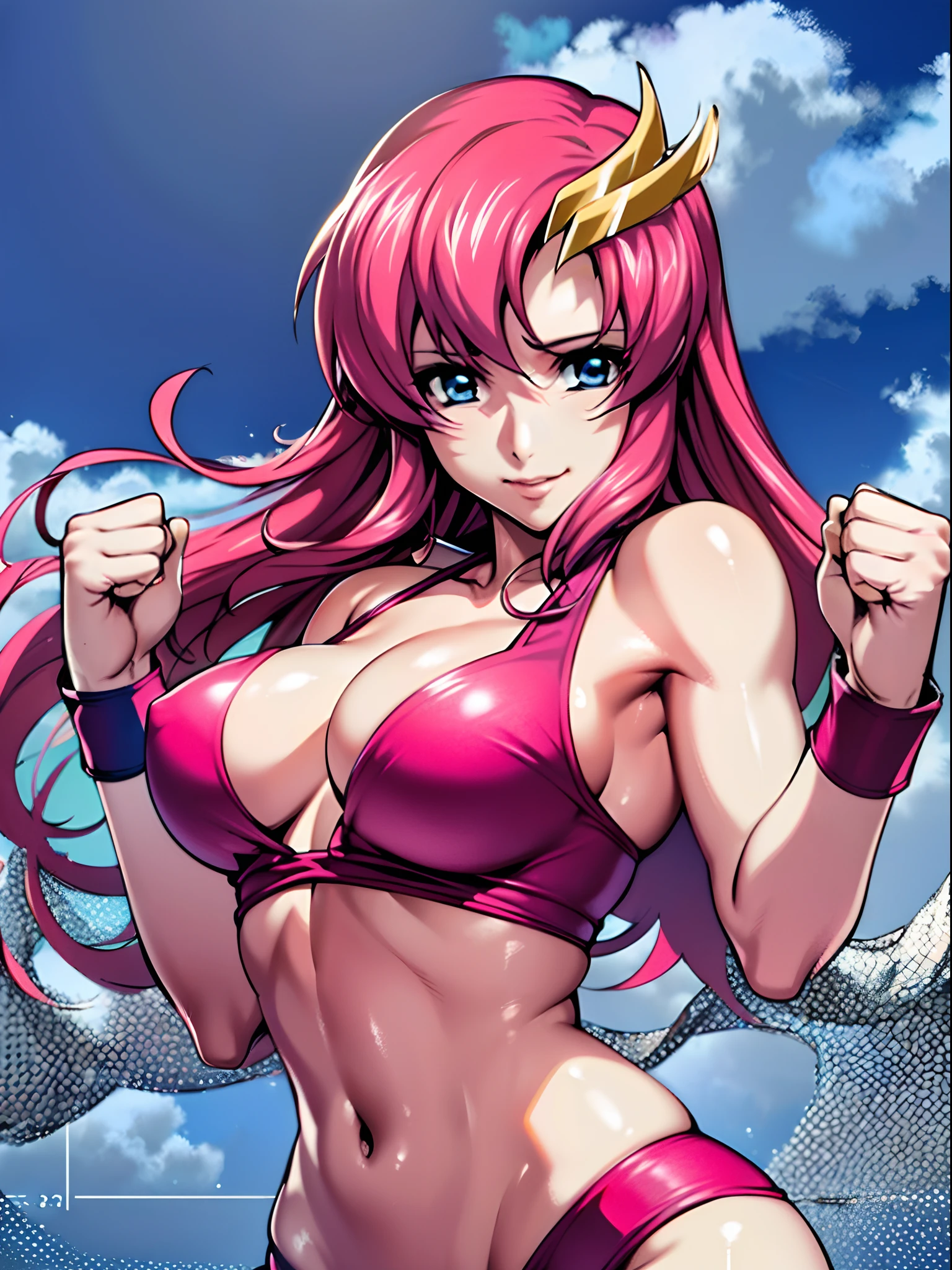 (masterpiece, upper body view, 4K, Best Quality, Anime style: 1.9, , tall, Adult Woman, ultra detailed face, (cloud background, wrestling), Drawing lines, high resolution, Anime, lacus4), 1girl, Solo, curvy figure, Long hair, 鎖骨, scapular, (Detailed wide hair bangs, Hair Ornament, Detailed reddish-pink hair), cleavage, large hands, (female wrestler). (Big blue eyes, shiny eyes), ((closed fists, broad shoulders)), ((perfect proportions, medium breasts, long belly)), (((bikini, pink wrestling gear))), happy, smile, stretching,