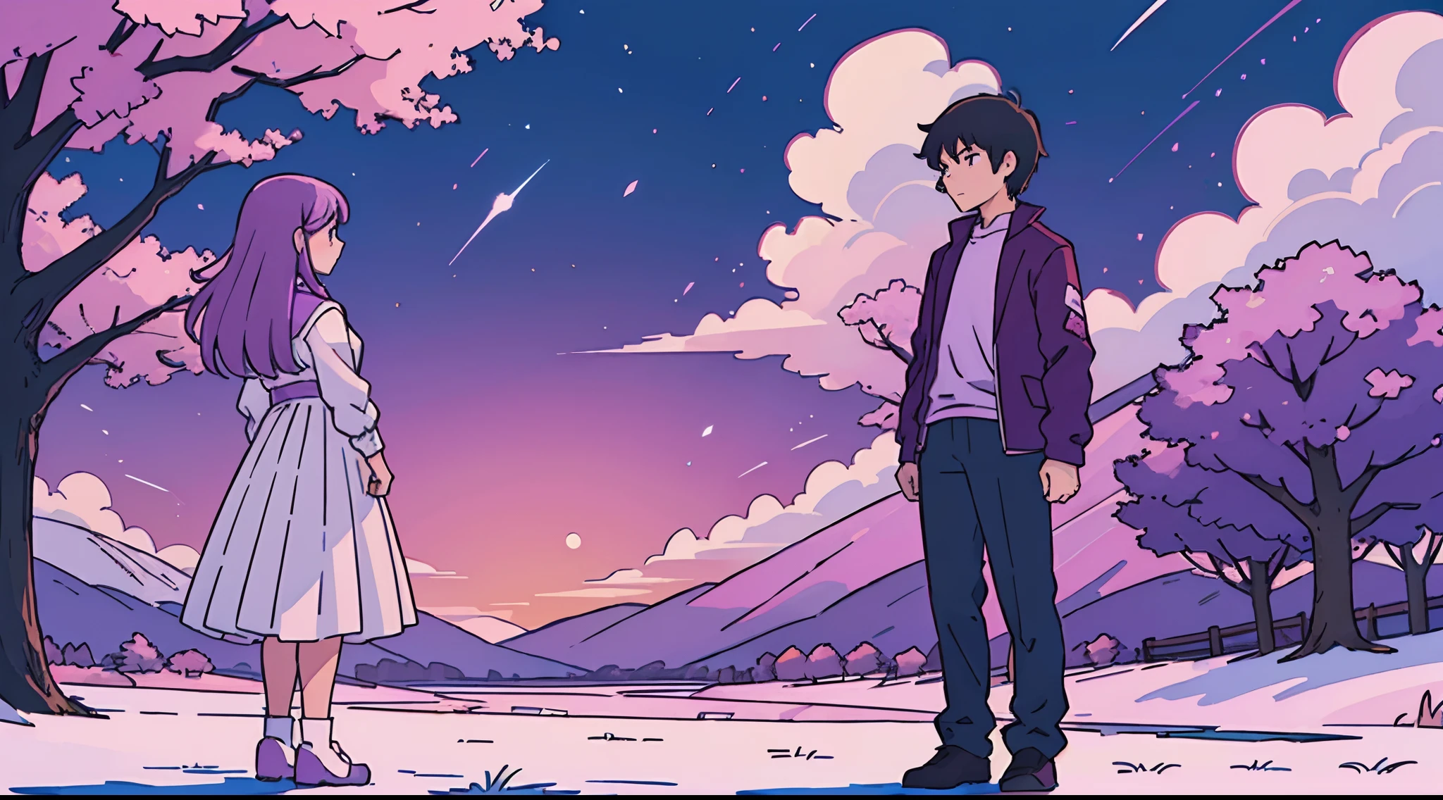 (top-quality: 0.8), (top-quality: 0.8), perfect anime illustration, Beautiful woman standing near pink tree with purple sky
