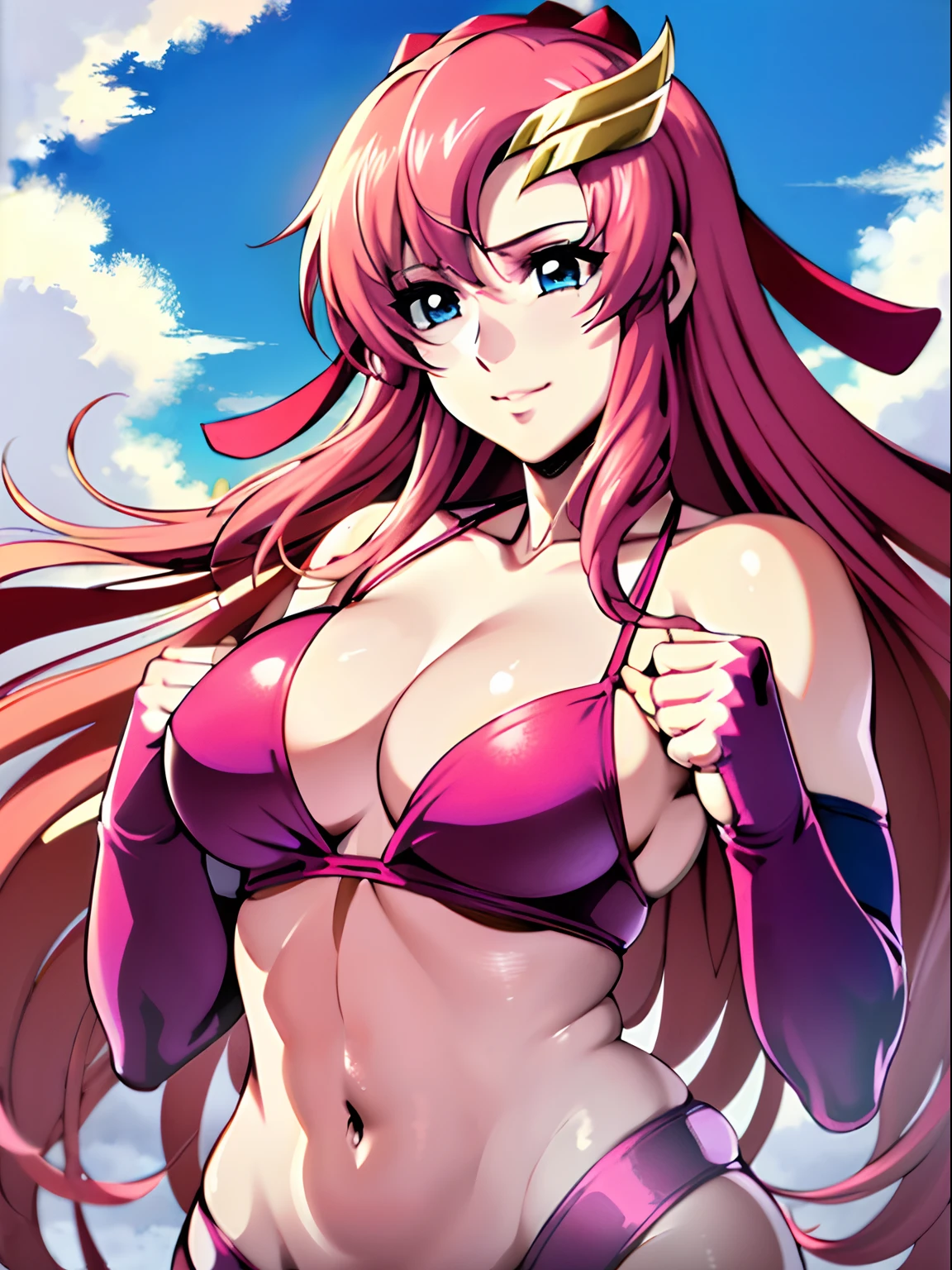 (masterpiece, upper body view, 4K, Best Quality, Anime style: 1.9, , tall, Adult Woman, ultra detailed face, (cloud background, wrestling), Drawing lines, high resolution, Anime, lacus4), 1girl, Solo, curvy figure, Long hair, 鎖骨, scapular, (Detailed wide hair bangs, Hair Ornament, Detailed reddish-pink hair), cleavage, large hands, (female wrestler). (Big blue eyes, shiny eyes), ((closed fists, broad shoulders)), ((perfect proportions, medium breasts, long belly)), (((bikini, pink wrestling gear))), happy, smile, stretching,