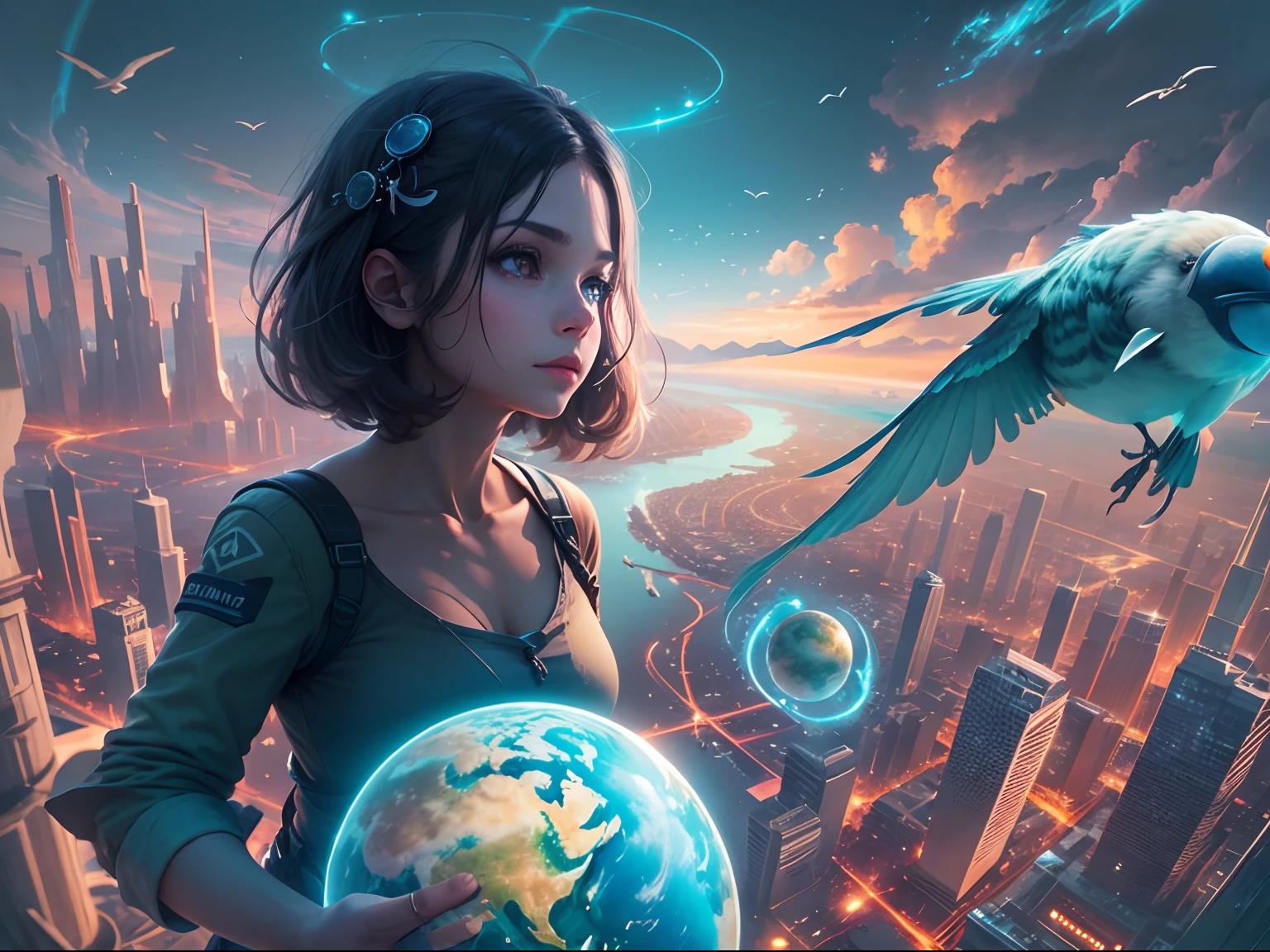bit girl,Holding the blue planet in hand, Being in the air, Bird's eye view, sci fi city, There is glare,