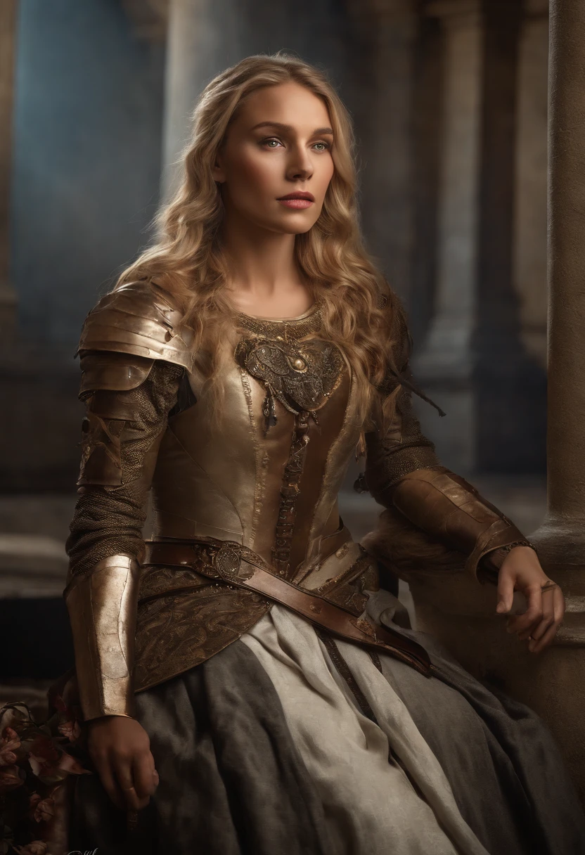 (a beautiful blond woman in shining armor) [warrior] passionately kisses [another beautiful woman] [lesbian]. They are sitting on a majestic throne in a medieval setting, representing the Middle Ages. The scene is filled with romance and strength. The armor on the women exudes power and resilience. The lighting is dramatic, with soft warm hues illuminating the scene, creating a sense of intimacy. The artwork should have the highest quality, with a resolution of 4k or 8k, capturing every intricate detail. The style should be a combination of portraits and historical fantasy, showcasing the beauty and allure of the warrior women. The colors should be vibrant and rich, enhancing the overall impact of the image.