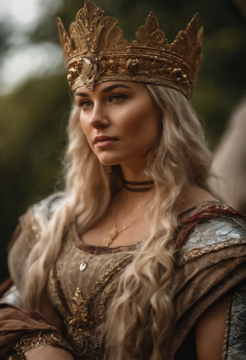 (a beautiful blond woman in shining armor) [warrior] passionately kisses [another beautiful woman] [lesbian]. They are sitting on a majestic throne in a medieval setting, representing the Middle Ages. The scene is filled with romance and strength. The armor on the women exudes power and resilience. The lighting is dramatic, with soft warm hues illuminating the scene, creating a sense of intimacy. The artwork should have the highest quality, with a resolution of 4k or 8k, capturing every intricate detail. The style should be a combination of portraits and historical fantasy, showcasing the beauty and allure of the warrior women. The colors should be vibrant and rich, enhancing the overall impact of the image.