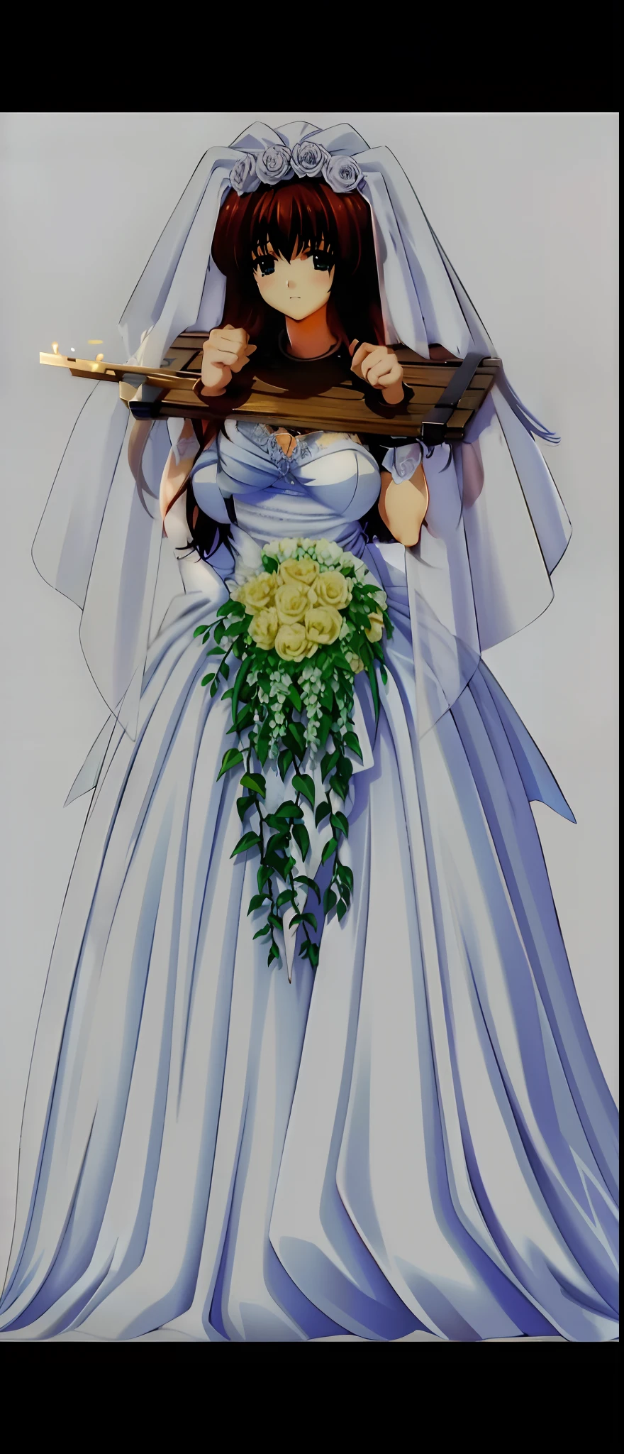 Close-up of a beautiful bride in a beautiful wedding dress, Gurvetz,（ pillory：1.5）, Flail on the head, Flail on the hands, Flail,(Bridal veil: 1.5), (Short transparent veil: 1.5), Flushed face, Head flower, head gear, (Tubular wedding dress: 1.5), (Silk dress: 1.2 ), (Strapless wedding dress: 1.5), Pure white dress, necklace, Earrings, (Huge breasts: 1.3), Deep V heart collar wedding dress, bangs, lipstick, (Lace gloves: 1.3), Full body photo, High detail RAW color art, a white long skirt, Whole body, with hands behind her back, and floor-length skirts,