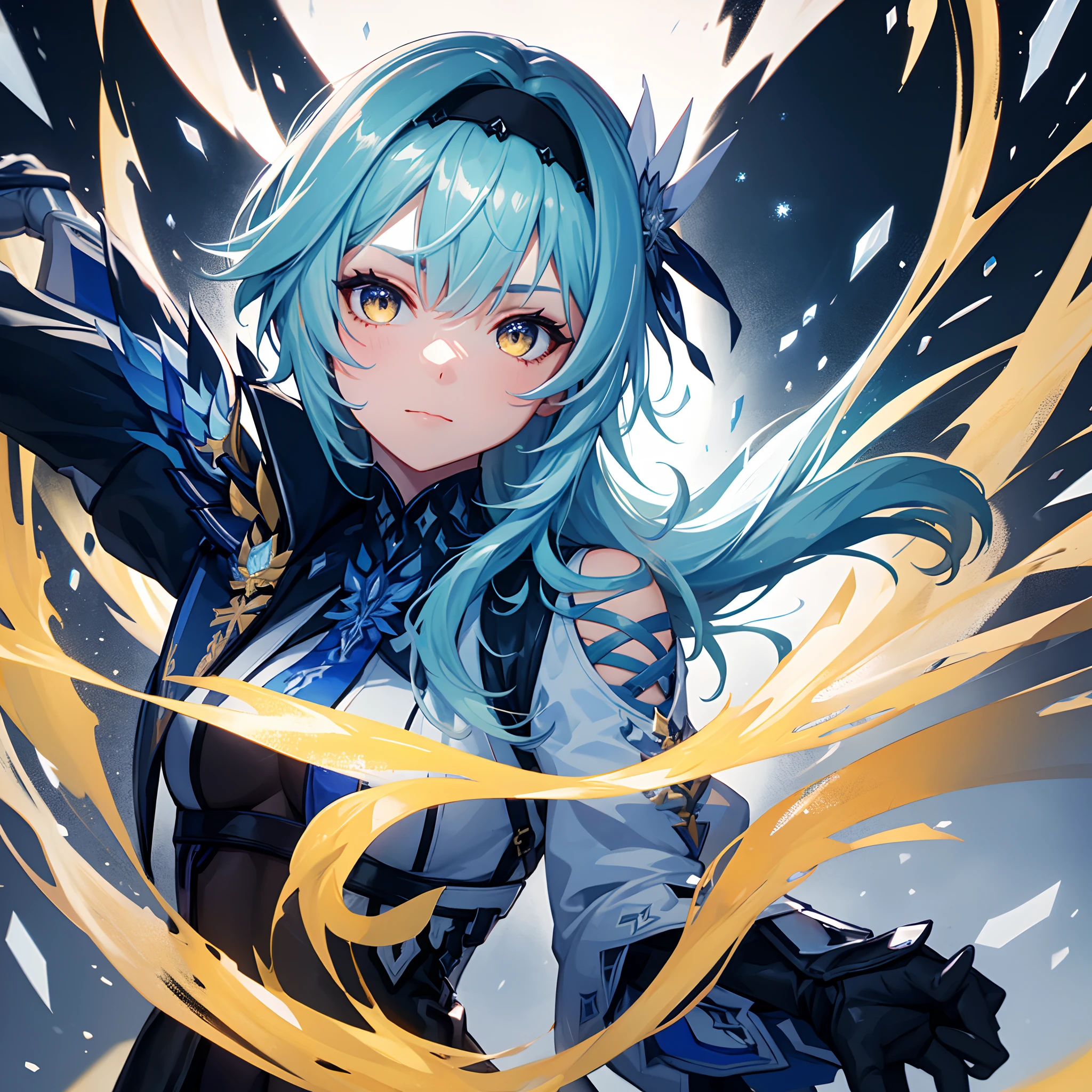 eula solo dancing, close-up portrait, action, head tilt, ice, snow, particles, (dark colorful background, red, black, yellow, blue), dynamic, dramatic, masterpiece, faint smile