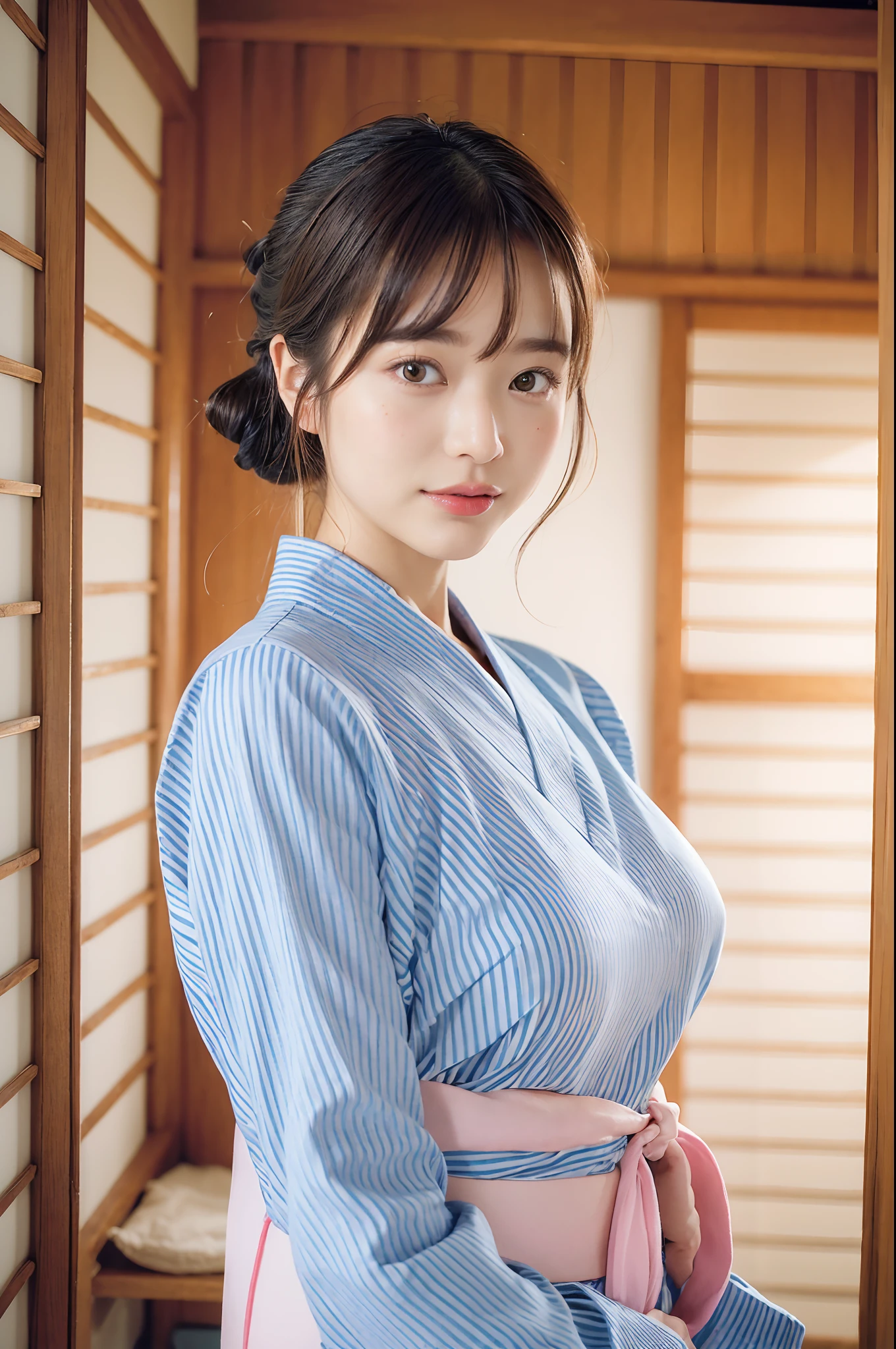 (natta:1.7), East Asian Architecture, 1womanl,Sitting on tatami mats, brunette color hair,(hair between eye), Lip flap, ,Beautiful fingers,Beautiful long legs,Beauty Body,Cute nose,Beautiful character design,perfect eyes,face perfect,looking at viewert,(Innocent_Big_Eyes:1.0),(light_Smile:0.3),offcial art,Very detailed CG Unity 8K wallpaper,Perfect litthing,highly colorful,Bright_front_Face_Lighting,(tmasterpiece:1.0),(best_quality:1.0), 超A high resolution,4K,ultra - detailed, photography of, 8K, nffsw, hight resolution, absurderes:1.2, Kodak Portra 400, film grains, the background is blurred, Bokeh:1.2, Lens Flare Glow, ( Vibrant_Color:1.2) (Beautiful,Large_breasts:1.4), (Beautiful_Face:1.5),(narrow_waist-up),8K,Raw photo, 、Relax at a ryokan in Japan、The background is the open-air bath at night at a hot spring inn (Girls are not subjects:1.3) (Hair after a bath:1.3),(Hair is wet:1.3) ((Girls are not subjects:1.2))((Draw a wide night background:1.2),((Yukata with light blue stripes isolated on white background:1.3)),(Yukata does not need gloss at all:1.5)),((No need for a Korean yukata or Korean-style hairstyle.:1.5)),((Faithfully and realistically reproduce a pure Japan yukata:1.5))((Light Pink Band:1.3)),((The background is the entrance living room、At night, Overlooking the inn's large and beautiful gardens..:1.3)),((8th class))、((Light Pink Band:1.5)) ((Beautiful shiny straight short long:1.5)) sixteen years old、((Beautiful shiny straight short long:1.5))((Pink band))、((The color of the band is pink:1.3),(Faithfully and realistically reproduce the obi of a yukata:1.3)