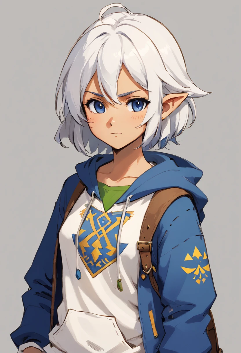 (best-quality:0.8), (best-quality:0.8), high resolution, cowboy shot, face focus, masterpiece, 1girl, dark skin, flat chest, solo, (stoic, cold emotion, emotionless), simple background, one color background, contrasting background, (very short hair, white hair), hoodie, denim pants, looking at side , person for the zelda game, the zelda manga, man, zelda character ff, in the style of ian mcque, temmie chang, stylish costume design, romanticized depictions of wilderness, jean-baptiste monge, science academia,