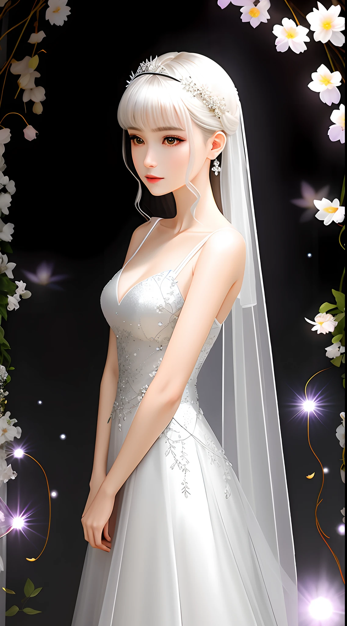 Bouquet of white plum flowers, super transparent, holy light, beautiful spectral light, petals glow, flashing, dark background, drops of transparent light, reflective light, bright, light flows inward, optics, portrait profile, sharp focus, magical, intricate, ultra-realistic, fantasy, composition, light, trend on artstation, pearl, patronus cloud of silver pair, caustic enveloping ray family, 8k, ureal ar 23v4 uplight